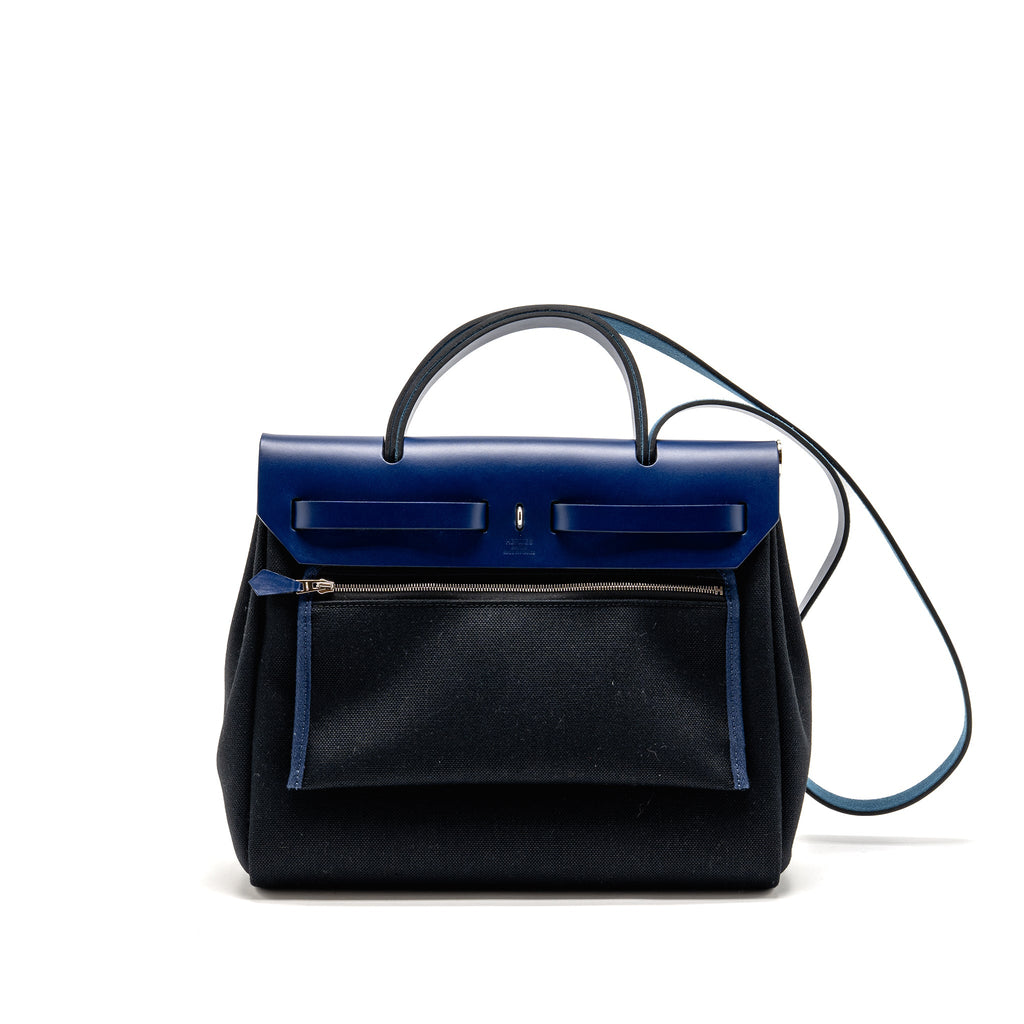 HERMES HERBAG 31 ZIP BAG CANVAS/HUNTER LEATHER BLACK/BLEU SAPHIR SHW