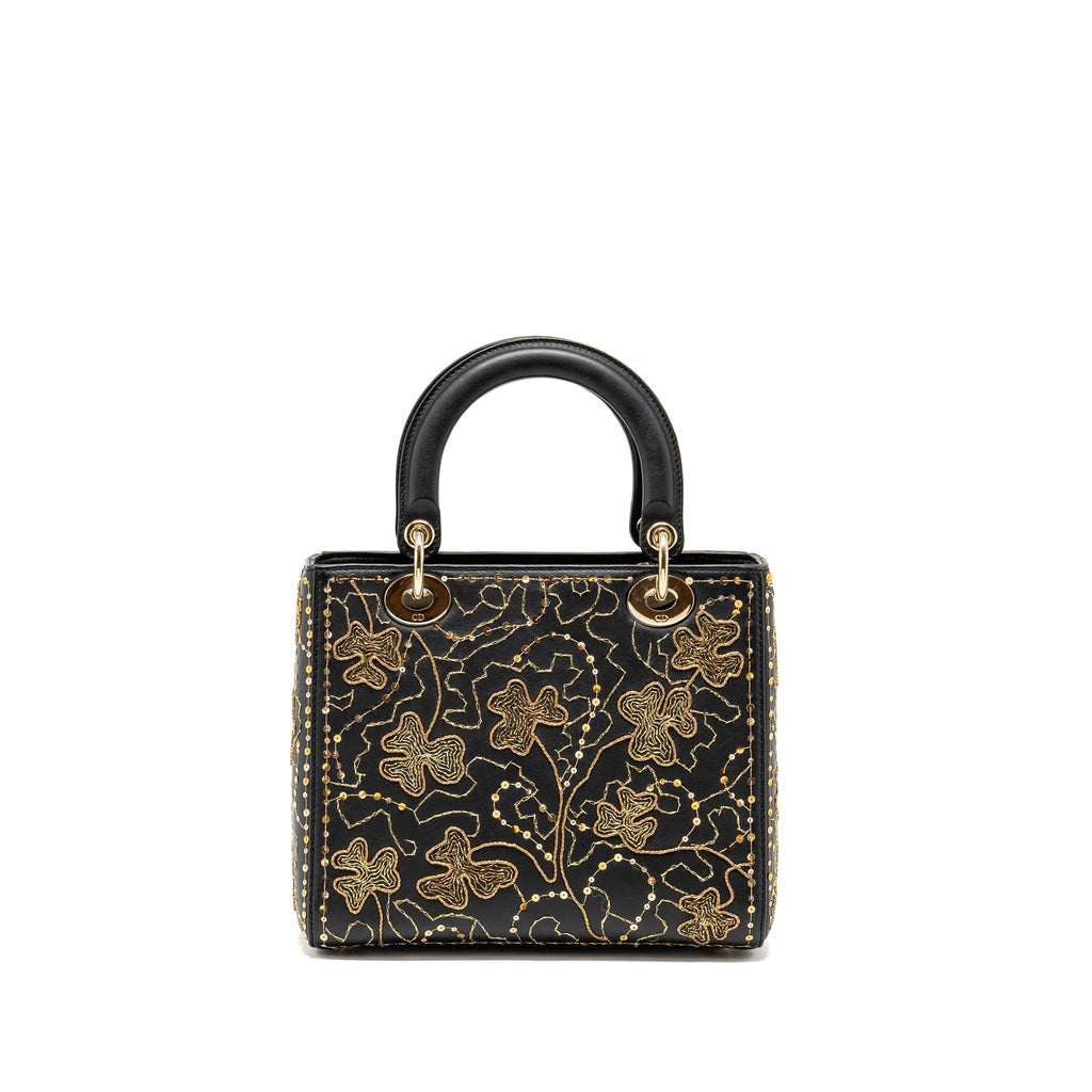 DIOR MEDIUM LADY DIOR EMBROIDERED FLORAL LIMITED EDITION LEATHER BLACK/GOLD GHW