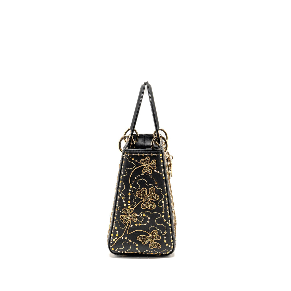 DIOR MEDIUM LADY DIOR EMBROIDERED FLORAL LIMITED EDITION LEATHER BLACK/GOLD GHW