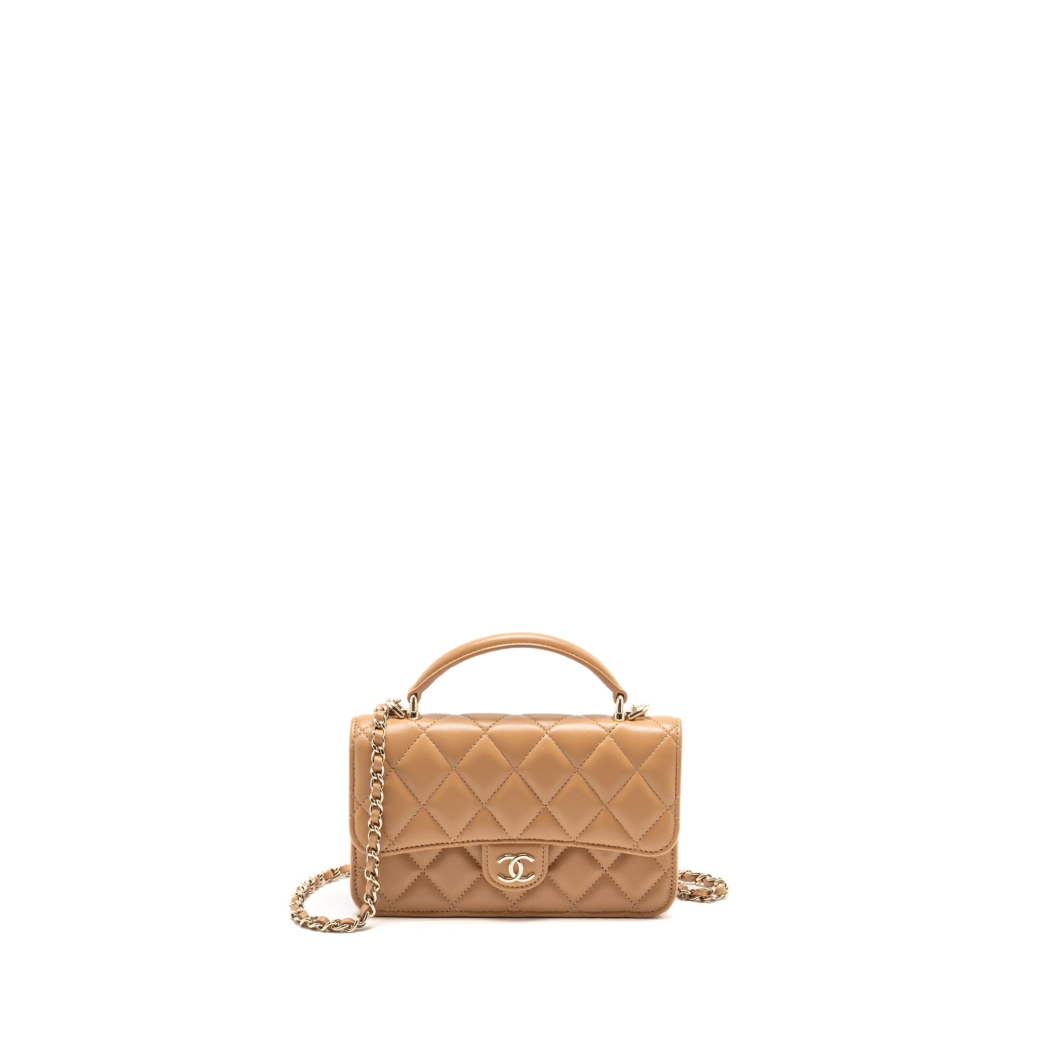 CHANEL TOP HANDLE MINI FLAP BAG WITH CHAIN LAMBSKIN CARAMEL LGHW