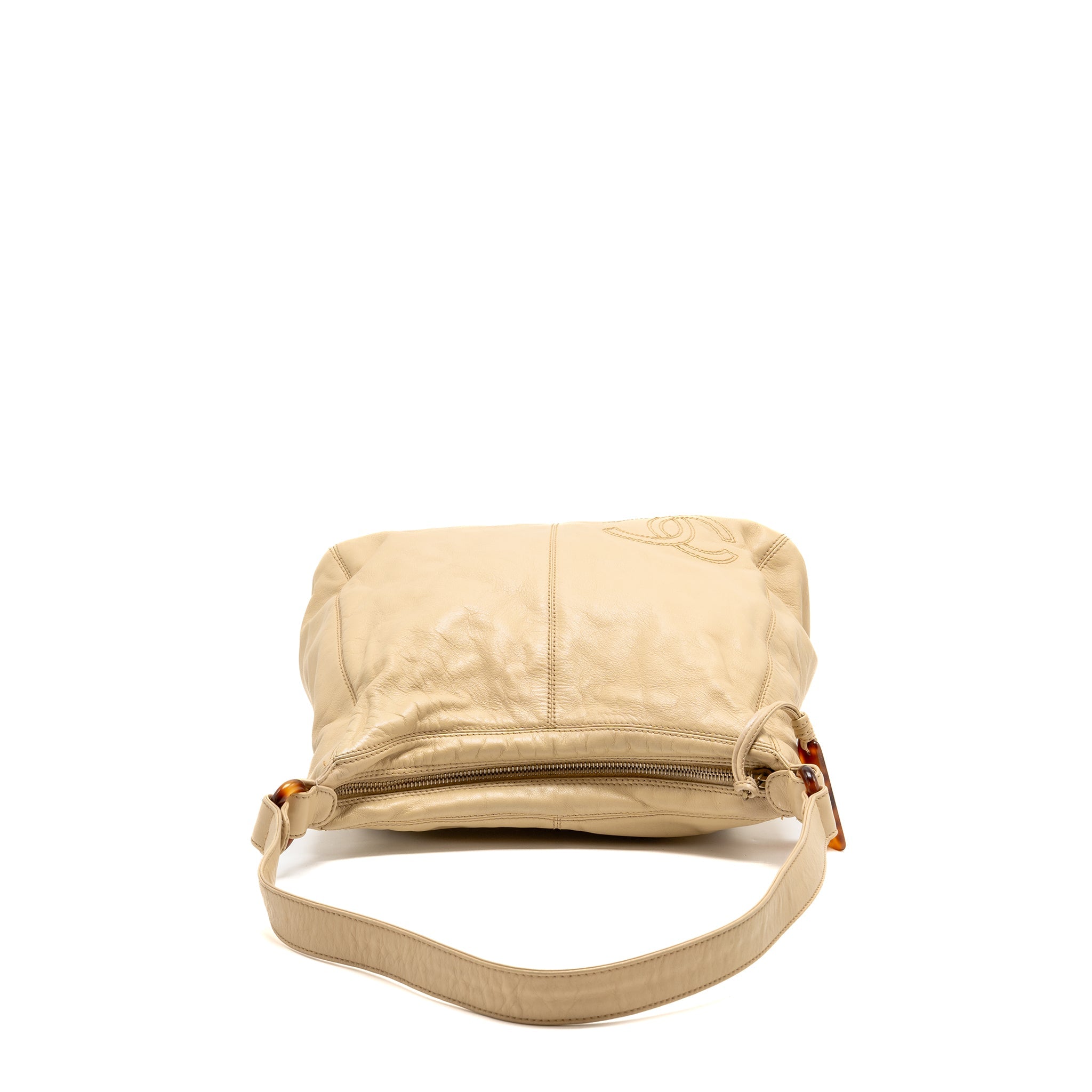 CHANEL VINTAGE TOTE HOBO BAG WITH TORTOISESHELL TAG LEATHER BEIGE LGHW
