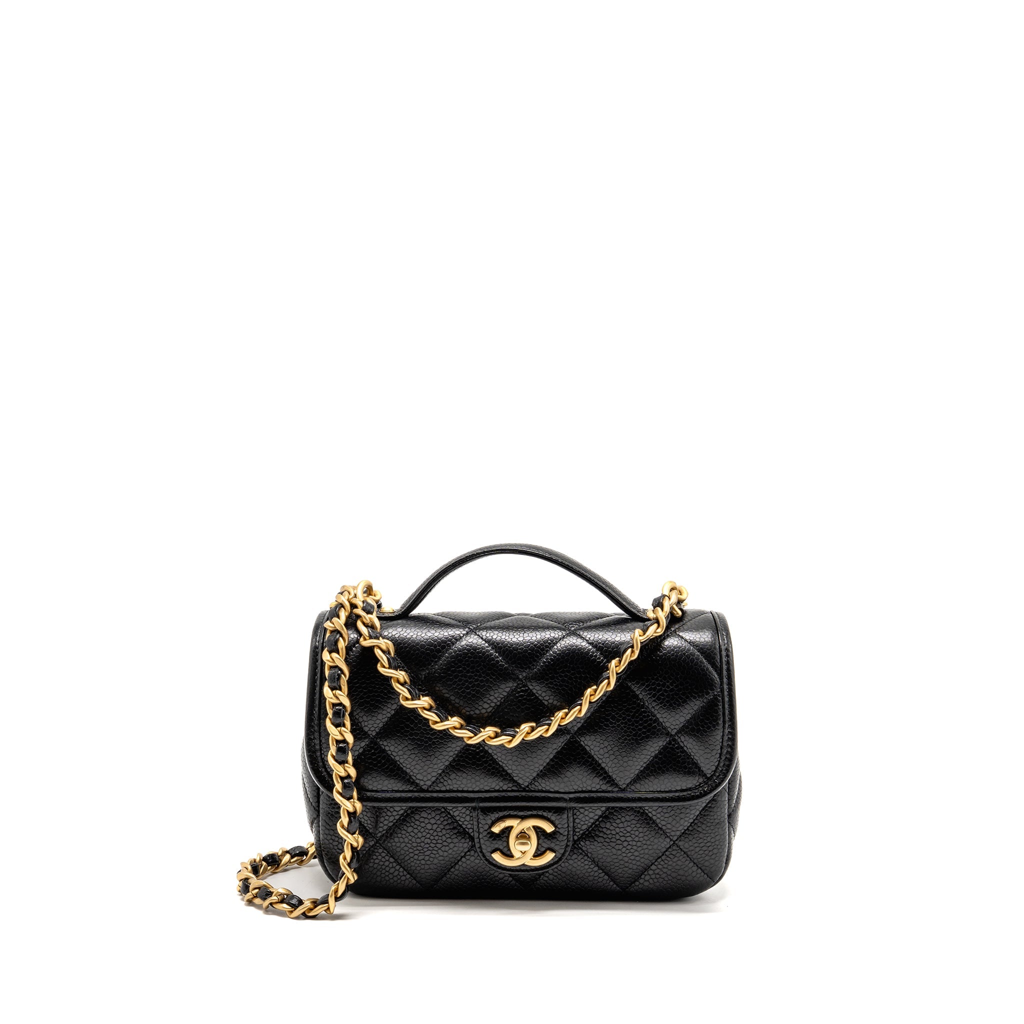 CHANEL TOP HANDLE QUILTED CC FLAP BAG GRAINED SHINY CALFSKIN BLACK GHW (MICROCHIP)