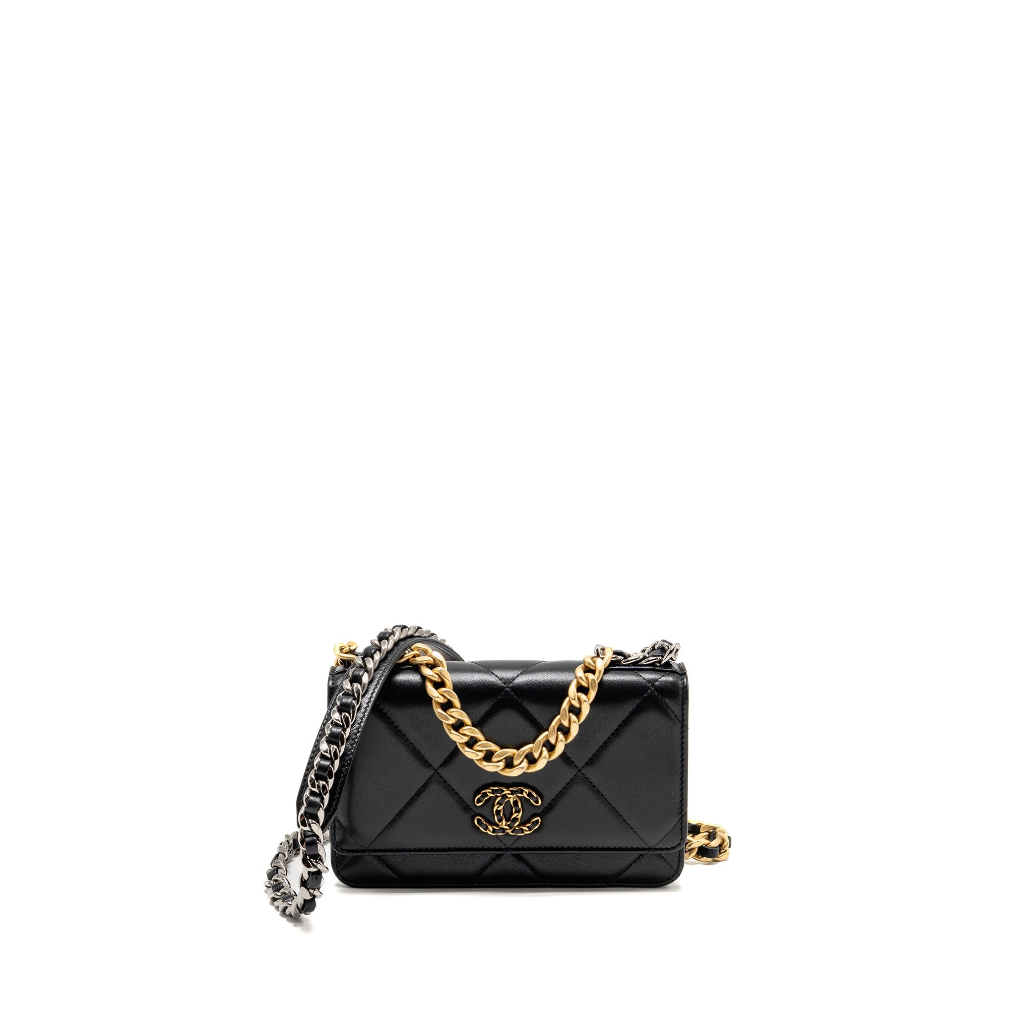 CHANEL 19 WALLET ON CHAIN LAMBSKIN BLACK MULTICOLOUR HARDWARE