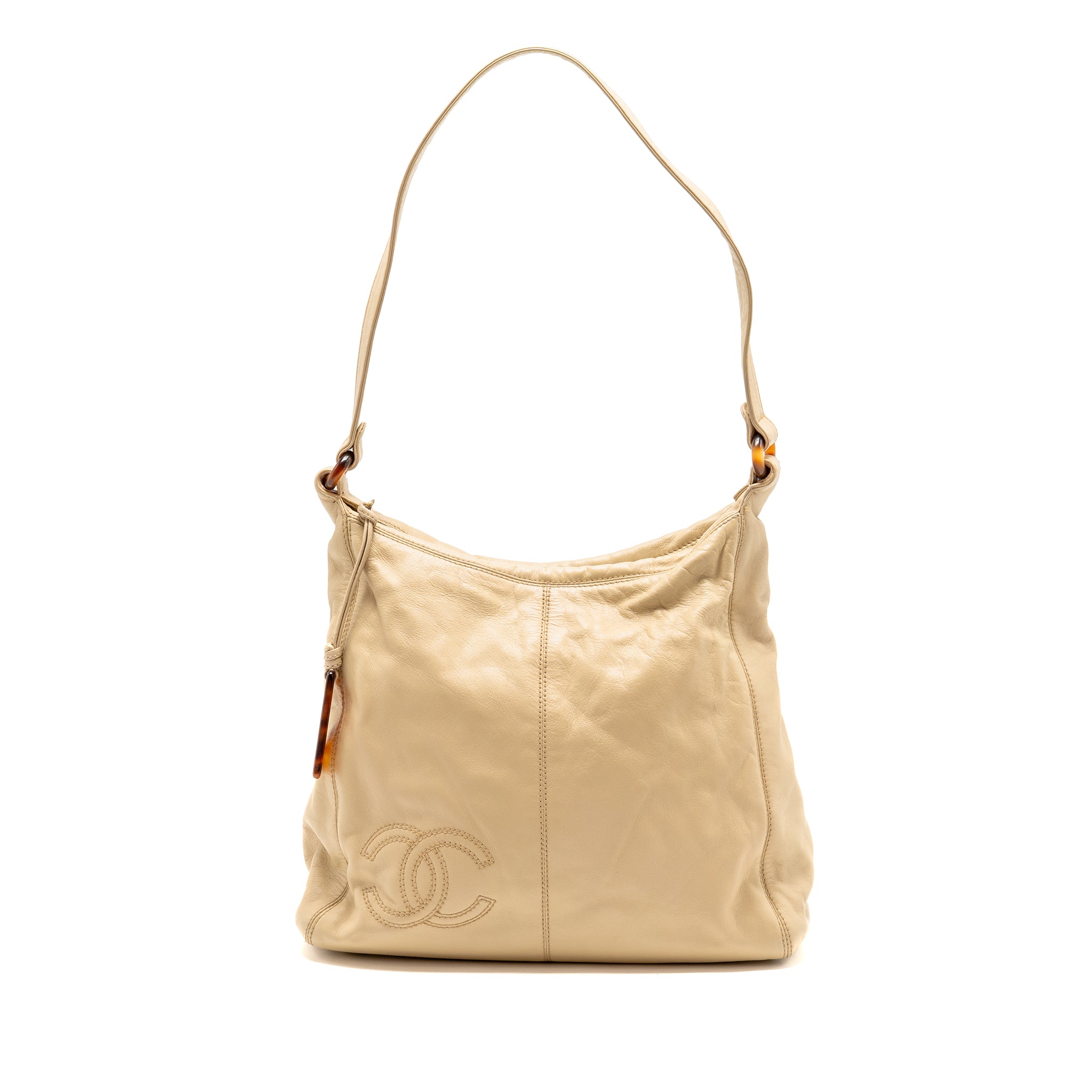 CHANEL VINTAGE TOTE HOBO BAG WITH TORTOISESHELL TAG LEATHER BEIGE LGHW