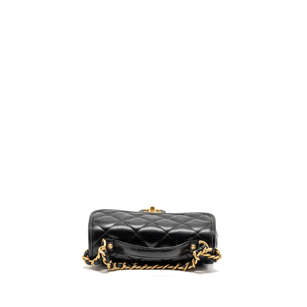 CHANEL TOP HANDLE QUILTED CC FLAP BAG GRAINED SHINY CALFSKIN BLACK GHW (MICROCHIP)
