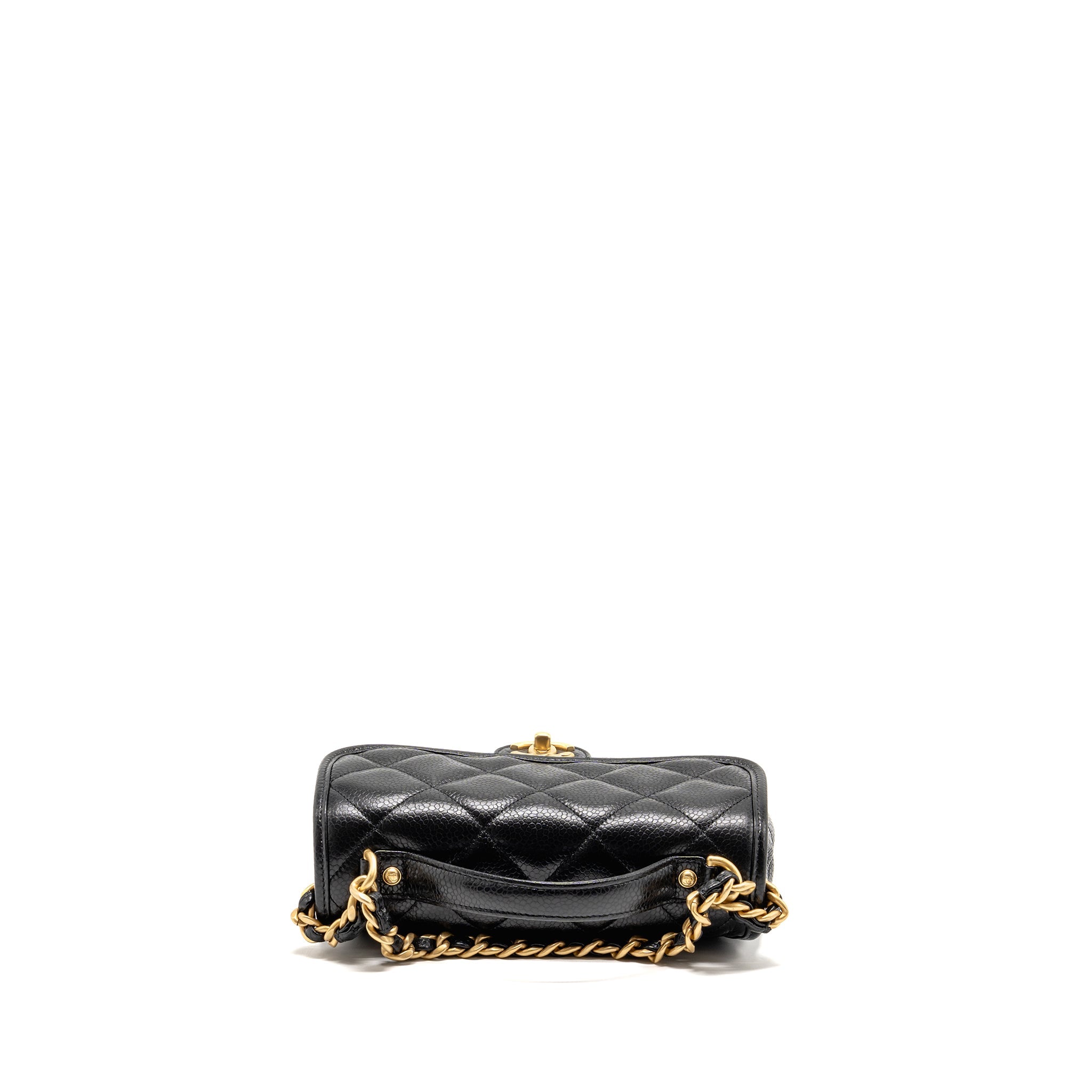 CHANEL TOP HANDLE QUILTED CC FLAP BAG GRAINED SHINY CALFSKIN BLACK GHW (MICROCHIP)