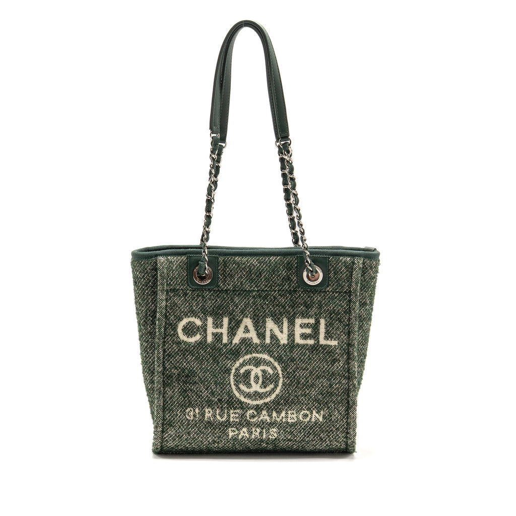 CHANEL SMALL SHOPPING TOTE BAG FABRIC/LEATHER GREEN/WHITE SHW (MICROCHIP)