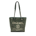 CHANEL SMALL SHOPPING TOTE BAG FABRIC/LEATHER GREEN/WHITE SHW (MICROCHIP)