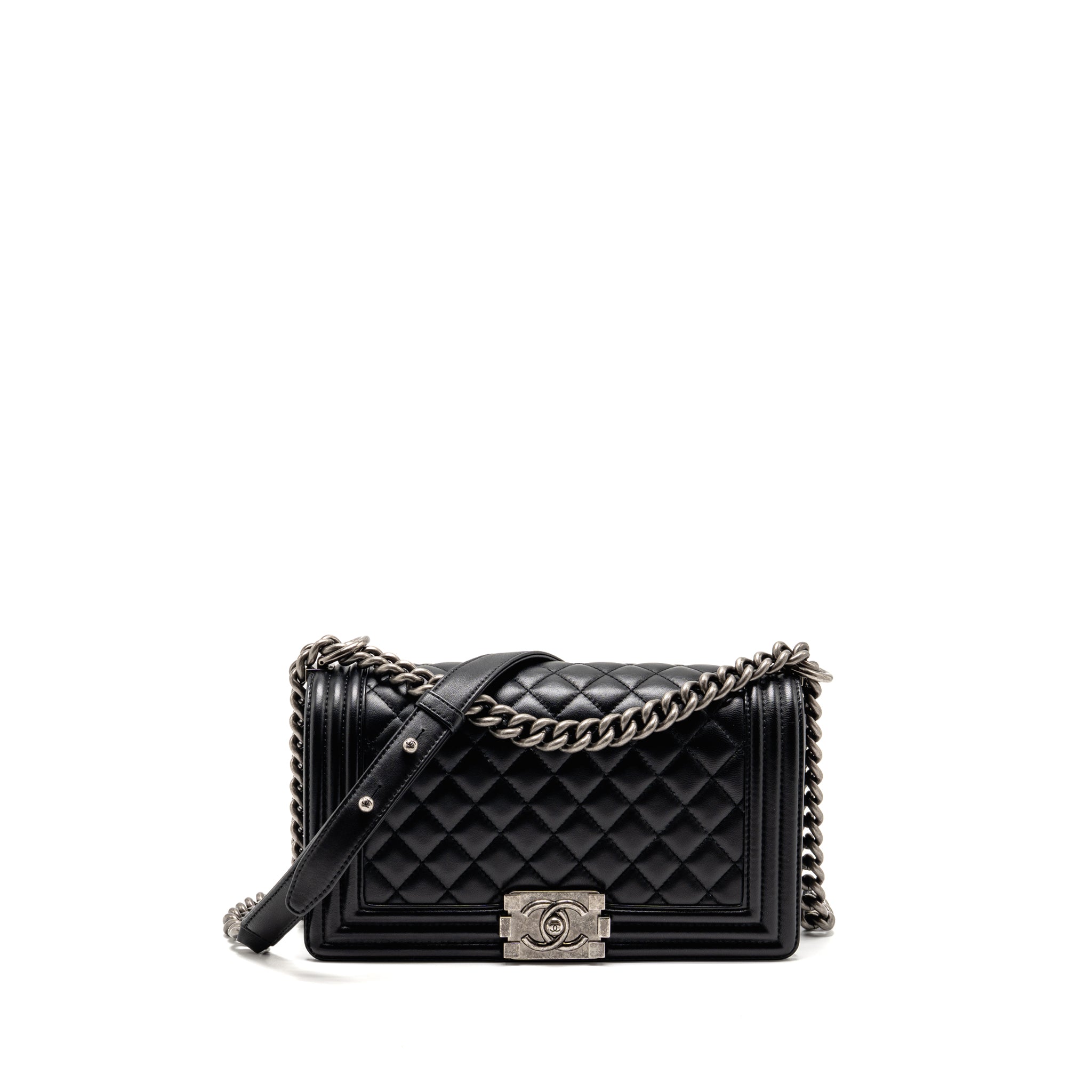 CHANEL MEDIUM BOY BAG LAMBSKIN BLACK RUTHENIUM HARDWARE