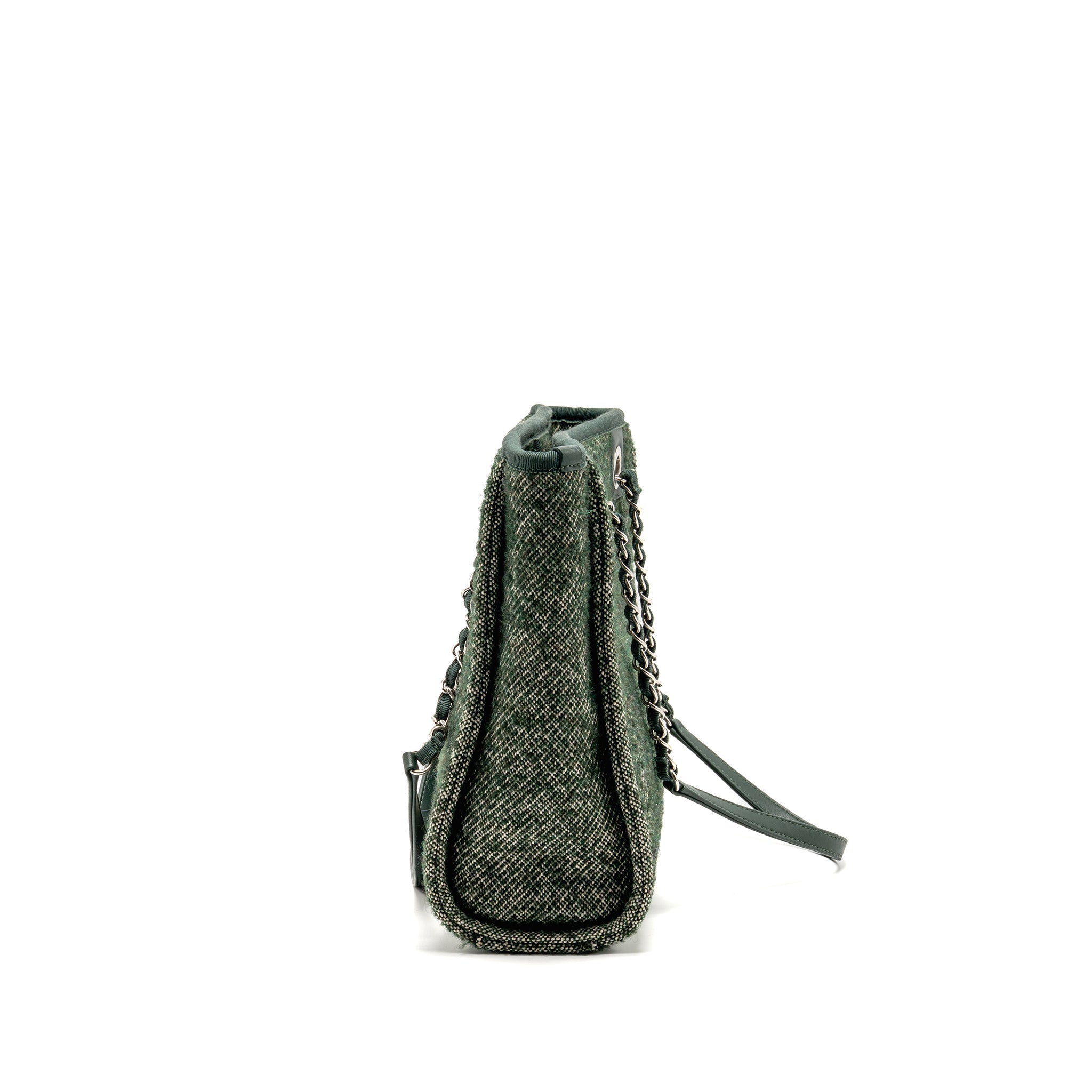 CHANEL SMALL SHOPPING TOTE BAG FABRIC/LEATHER GREEN/WHITE SHW (MICROCHIP)