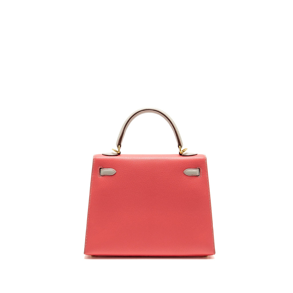 HERMES KELLY 25 SPECIAL ORDER CHÈVRE MYSORE ROSE LIPSTICK / GRIS PERLE GHW