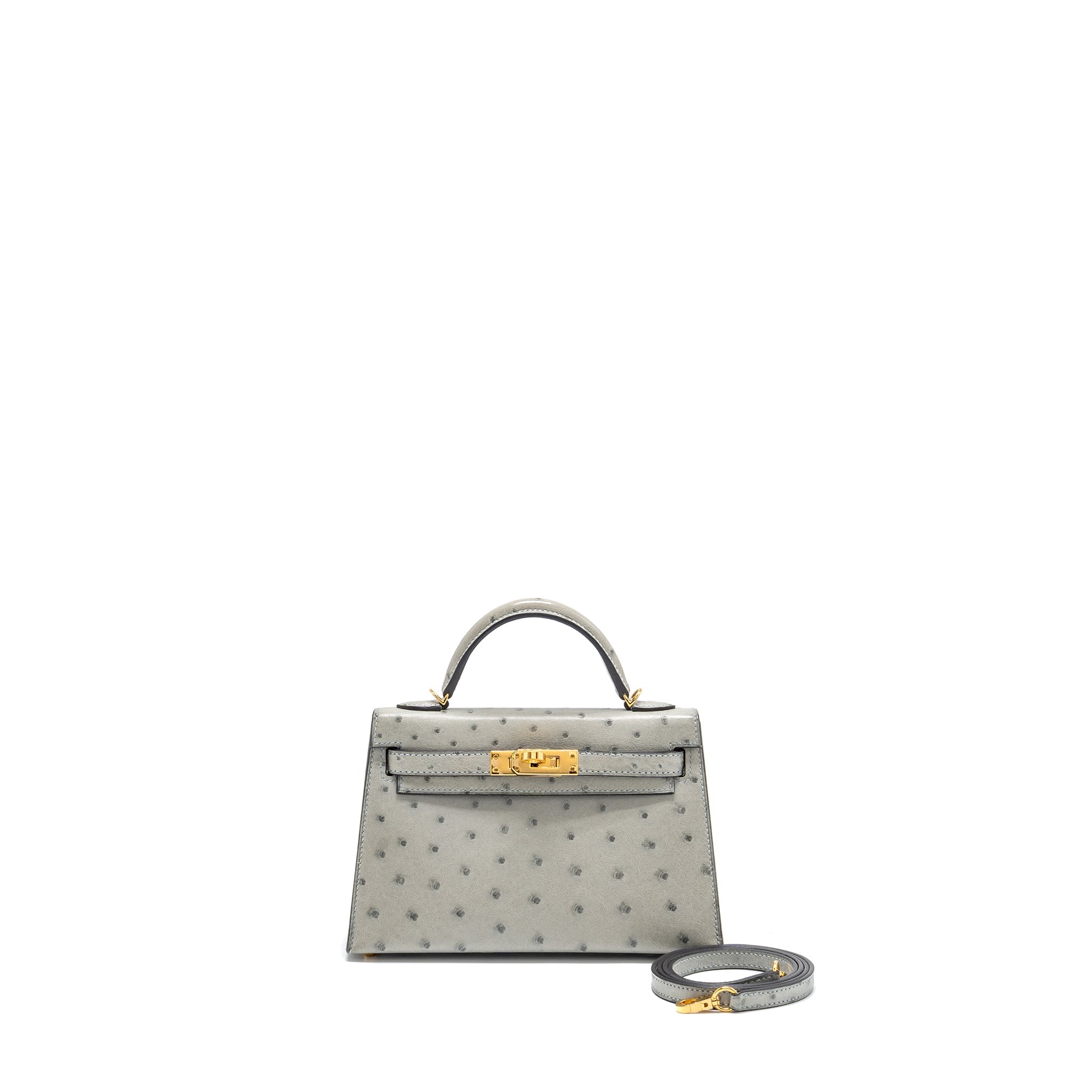 HERMES MINI KELLY II OSTRICH BLUE GLAZIER GHW