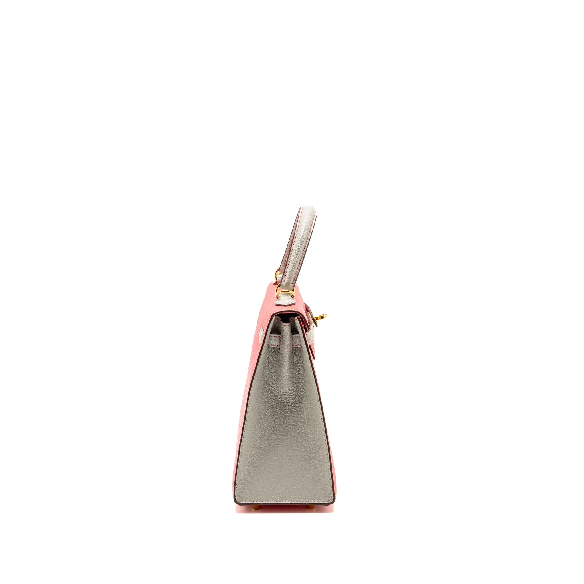 HERMES KELLY 25 SPECIAL ORDER CHÈVRE MYSORE ROSE LIPSTICK / GRIS PERLE GHW