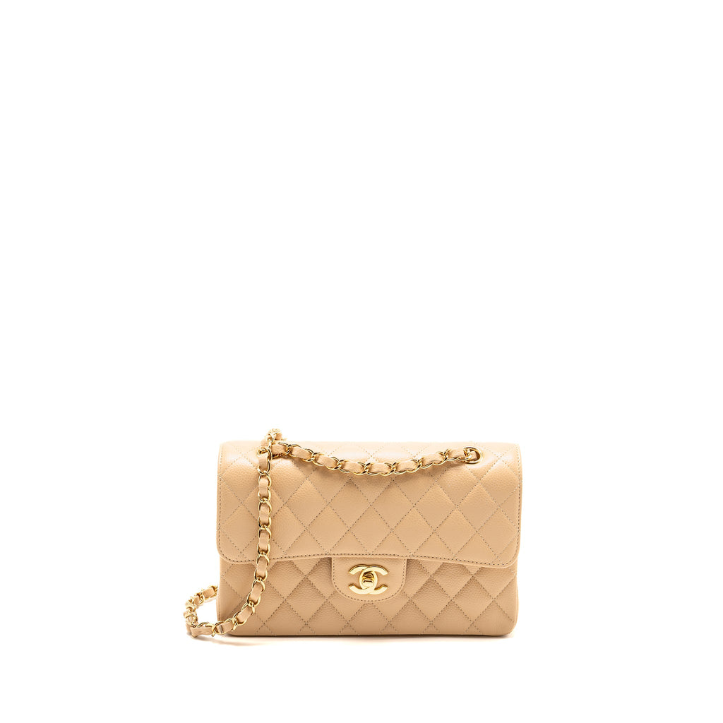 CHANEL SMALL CLASSIC DOUBLE FLAP BAG CAVIAR BEIGE GHW (MICROCHIP)