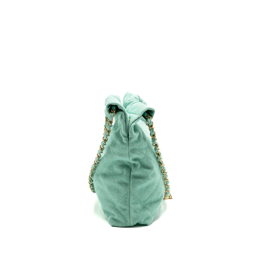 CHANEL SMALL 22 BAG WASHED DENIM AQUA GHW (MICROCHIP)