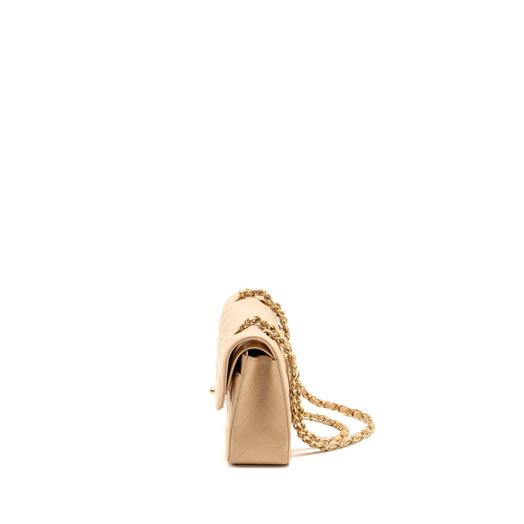 CHANEL SMALL CLASSIC DOUBLE FLAP BAG CAVIAR BEIGE GHW (MICROCHIP)