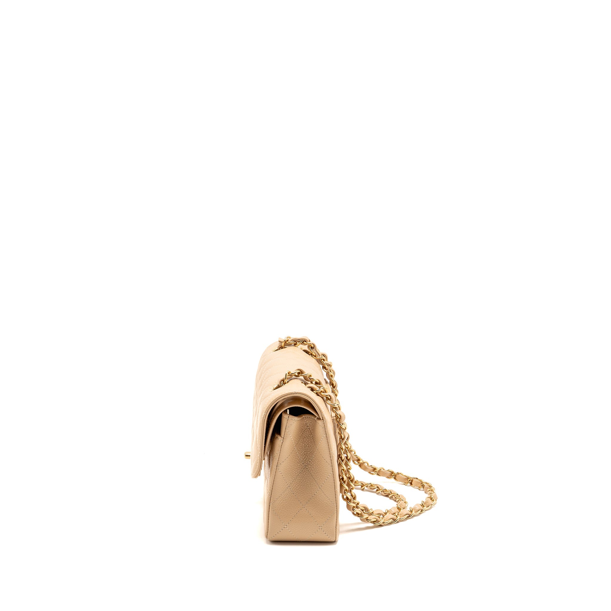 CHANEL SMALL CLASSIC DOUBLE FLAP BAG CAVIAR BEIGE GHW (MICROCHIP)