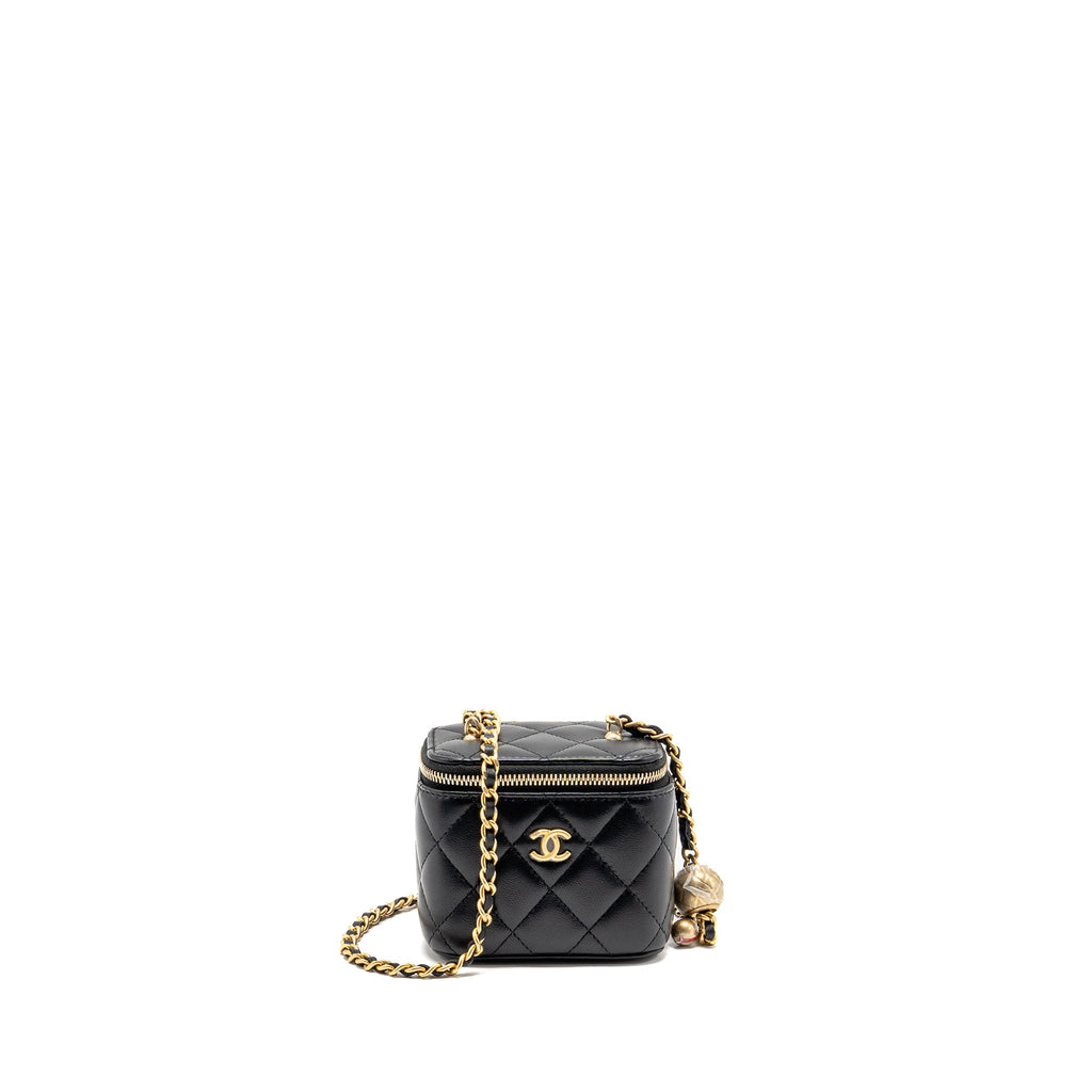 CHANEL PEARL CRUSH MINI VANITY WITH CHAIN LAMBSKIN BLACK GHW (MICROCHIP)