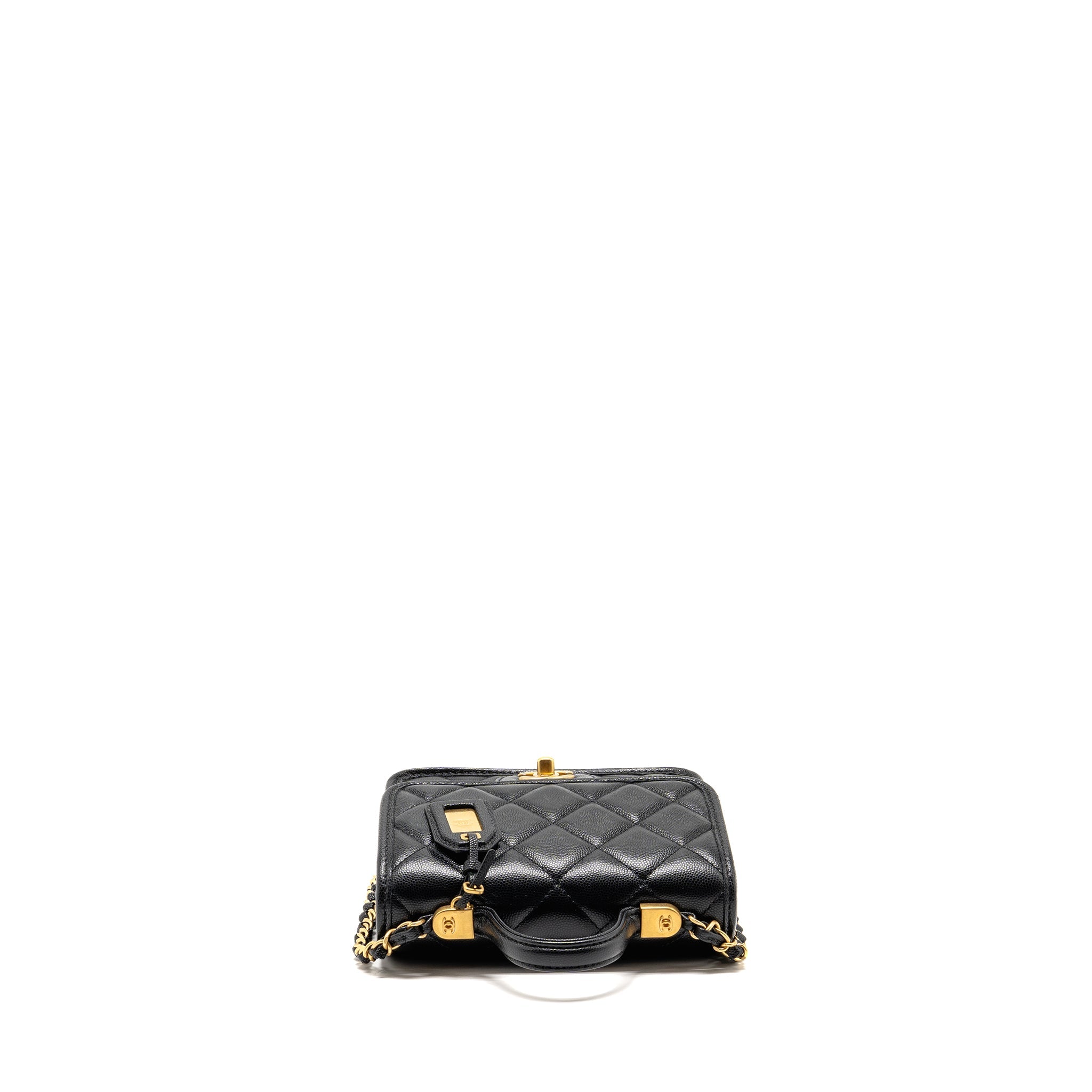 CHANEL 22K MINI FLAP BAG WITH TOP HANDLE CAVIAR BLACK GHW (MICROCHIP)