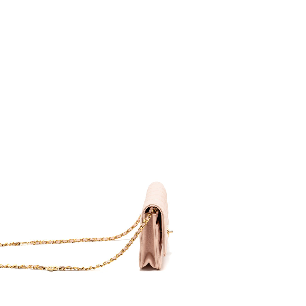 CHANEL CAMELLIA TURNLOCK WALLET ON CHAIN CAVIAR LIGHT PINK GHW (MICROCHIP)