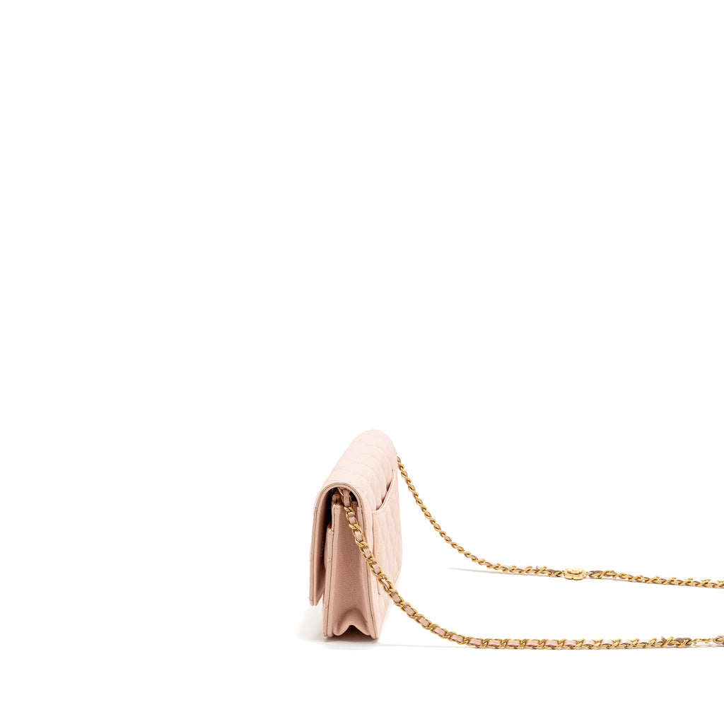 CHANEL CAMELLIA TURNLOCK WALLET ON CHAIN CAVIAR LIGHT PINK GHW (MICROCHIP)