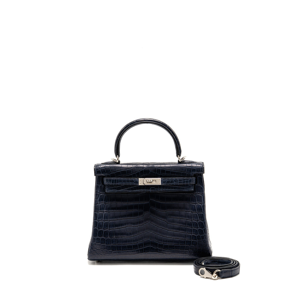 HERMES KELLY 25 CROCODILE NILOTICUS MATT BLUE MARINE SHW