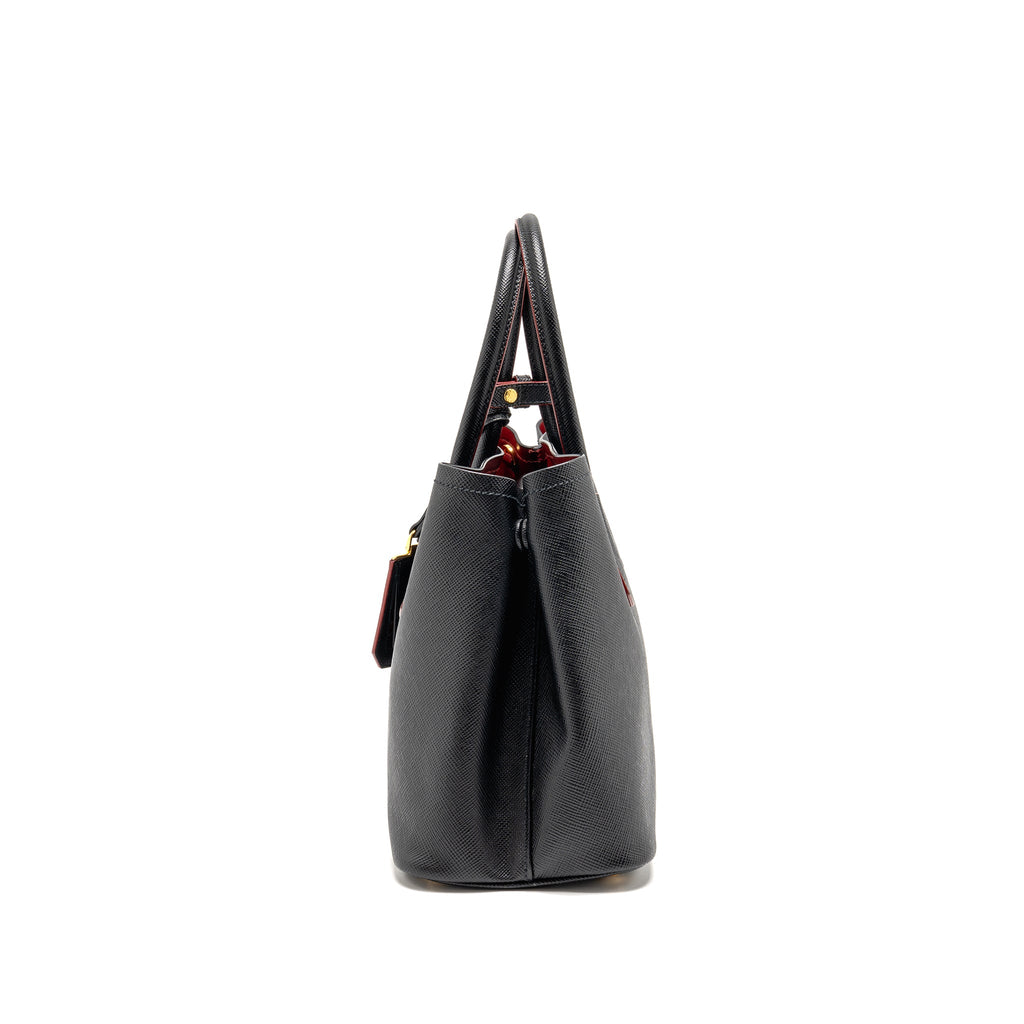 PRADA MEDIUM SAFFIANO CUIR TOTE BAG LEATHER BLACK/FUOCO GHW