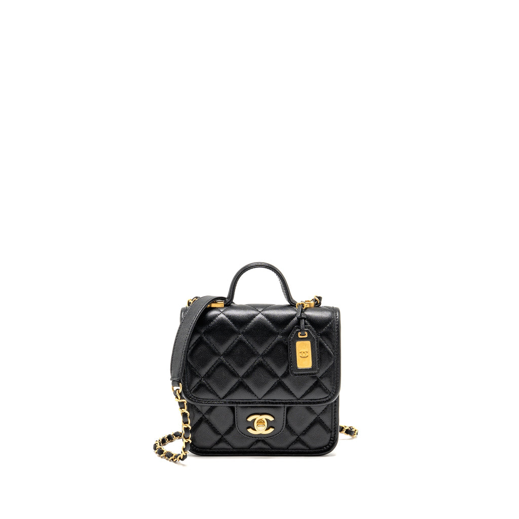 CHANEL 22K MINI FLAP BAG WITH TOP HANDLE CAVIAR BLACK GHW (MICROCHIP)