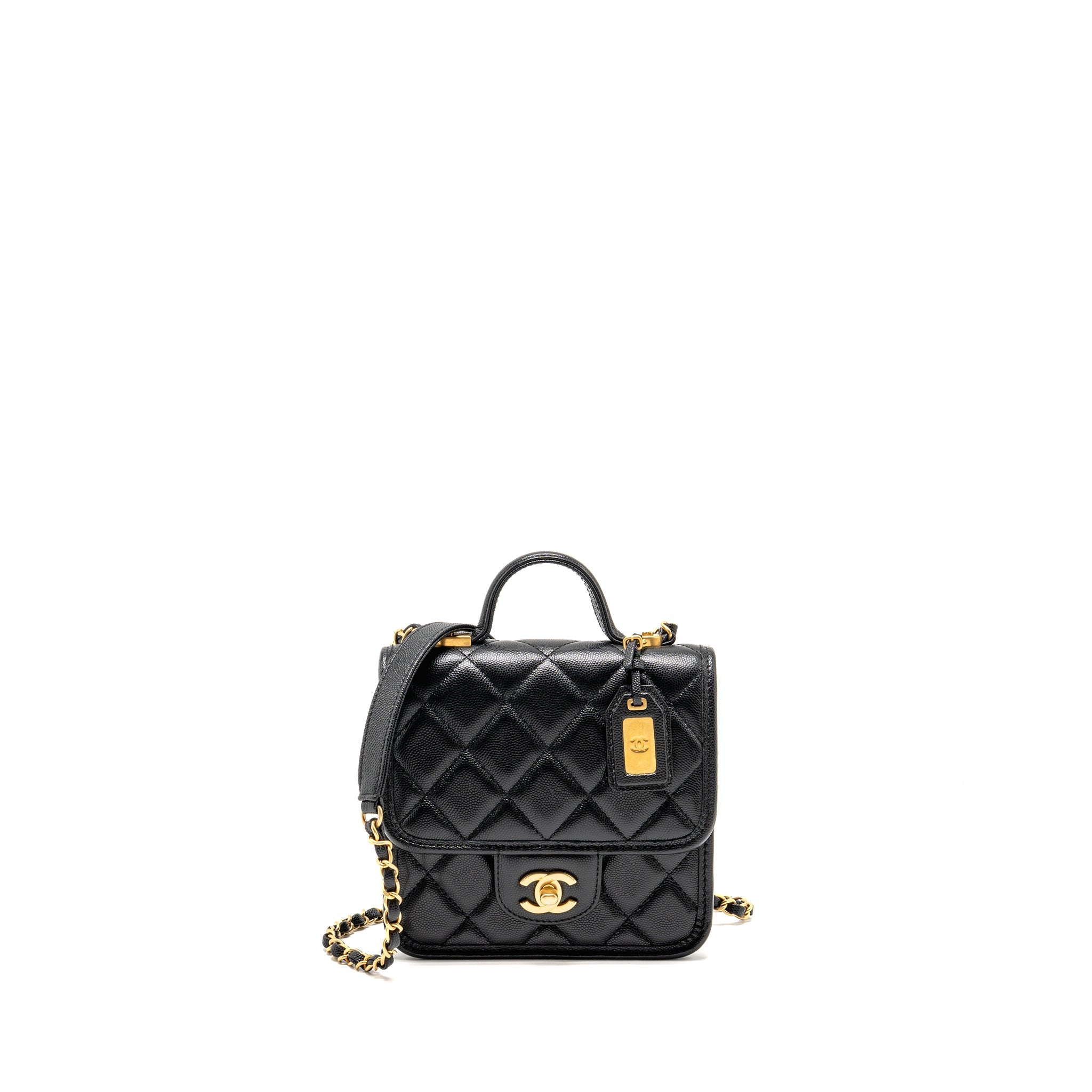 CHANEL 22K MINI FLAP BAG WITH TOP HANDLE CAVIAR BLACK GHW (MICROCHIP)