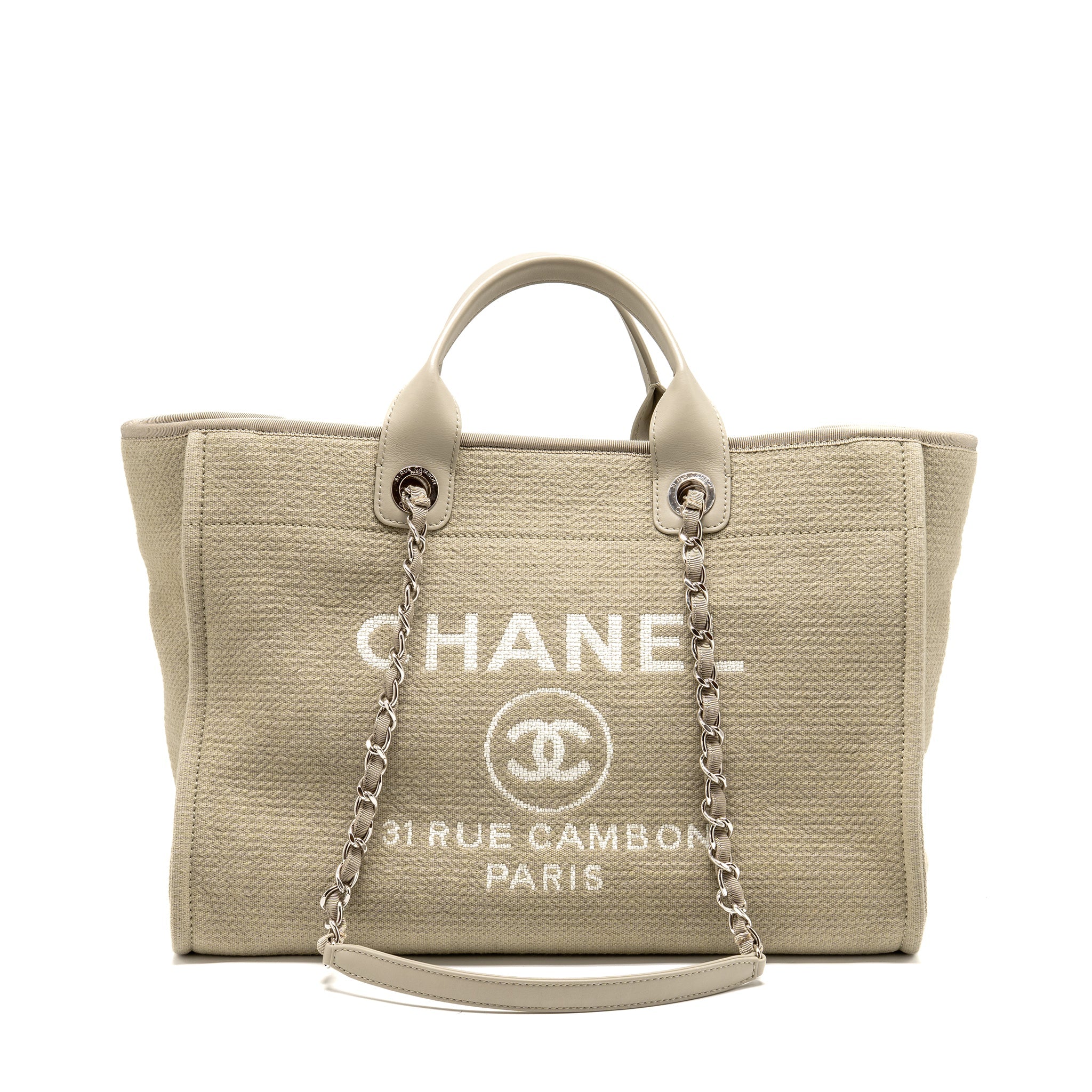 CHANEL DEAUVILLE TOTE BAG FABRIC / LEATHER LIGHT GREY SHW (MICROCHIP)