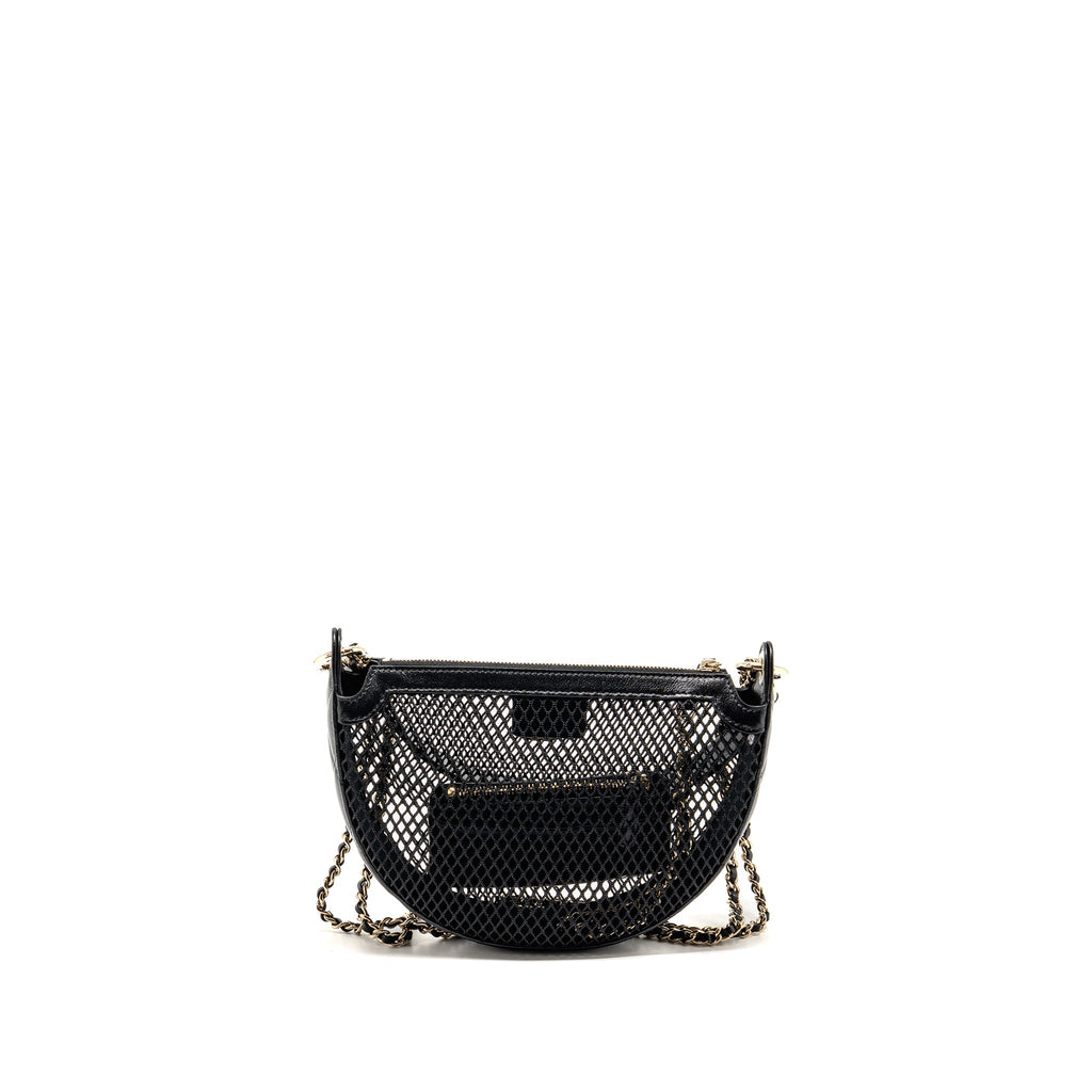 CHANEL 25S HALF MOON CLUTCH WITH CHAIN MESH/LAMBSKIN BLACK LGHW (MICROCHIP)