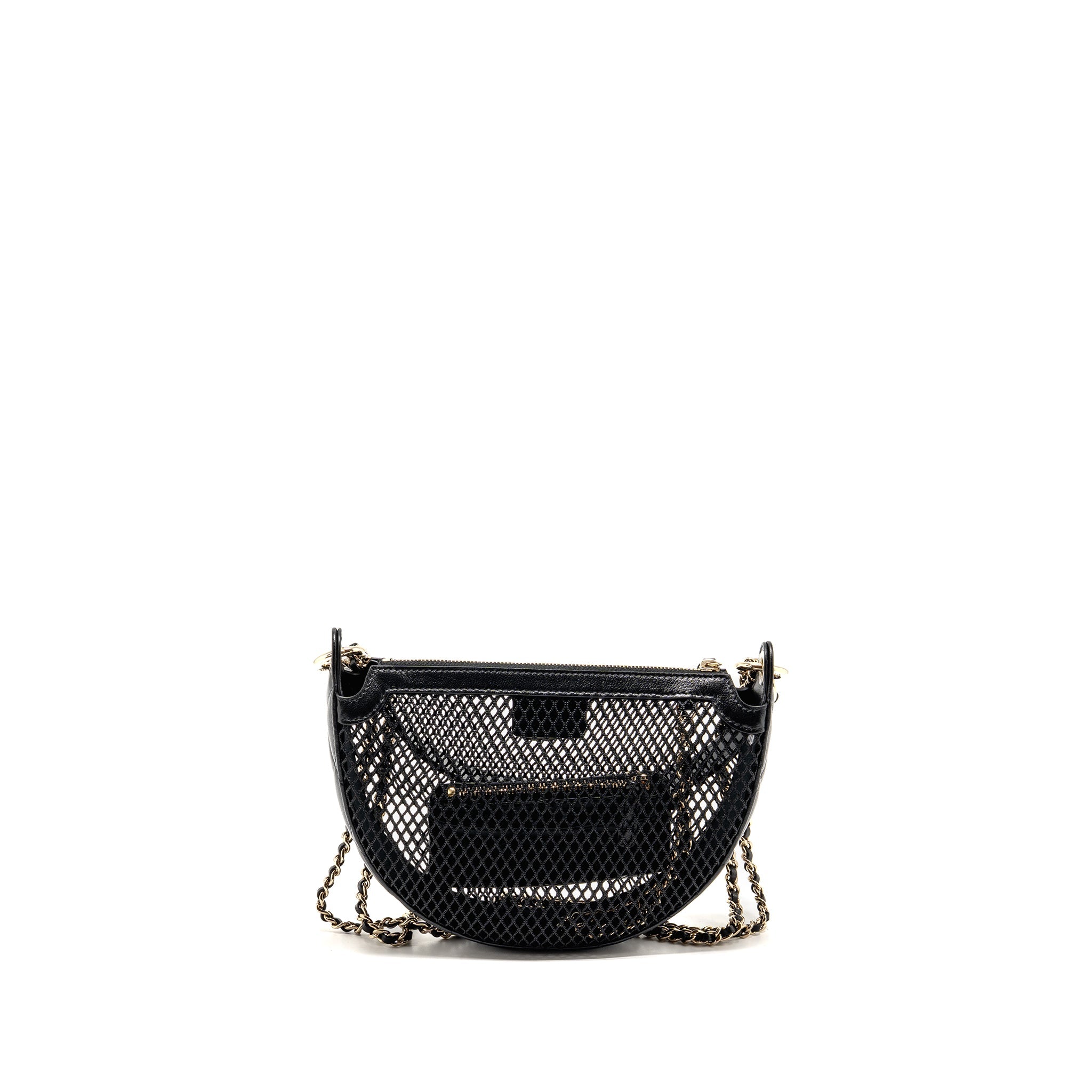 CHANEL 25S HALF MOON CLUTCH WITH CHAIN MESH/LAMBSKIN BLACK LGHW (MICROCHIP)