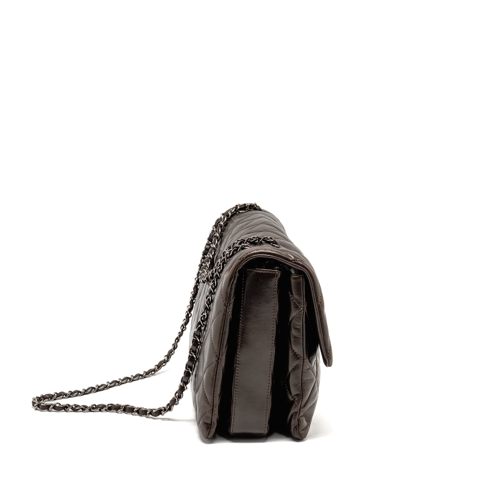 CHANEL LARGE QUILTED FLAP BAG WITH CHAIN LAMBSKIN DARK BROWN SHW