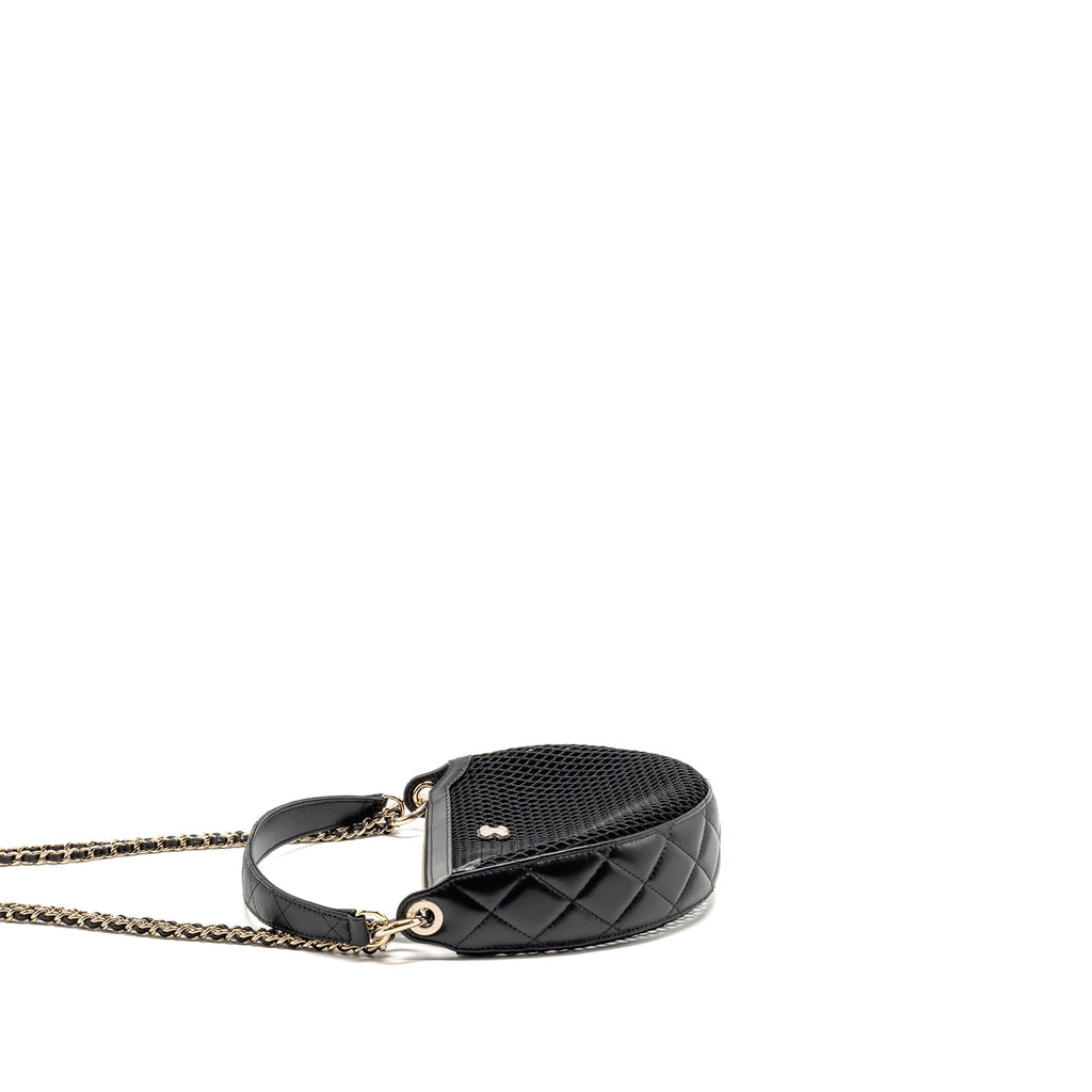 CHANEL 25S HALF MOON CLUTCH WITH CHAIN MESH/LAMBSKIN BLACK LGHW (MICROCHIP)