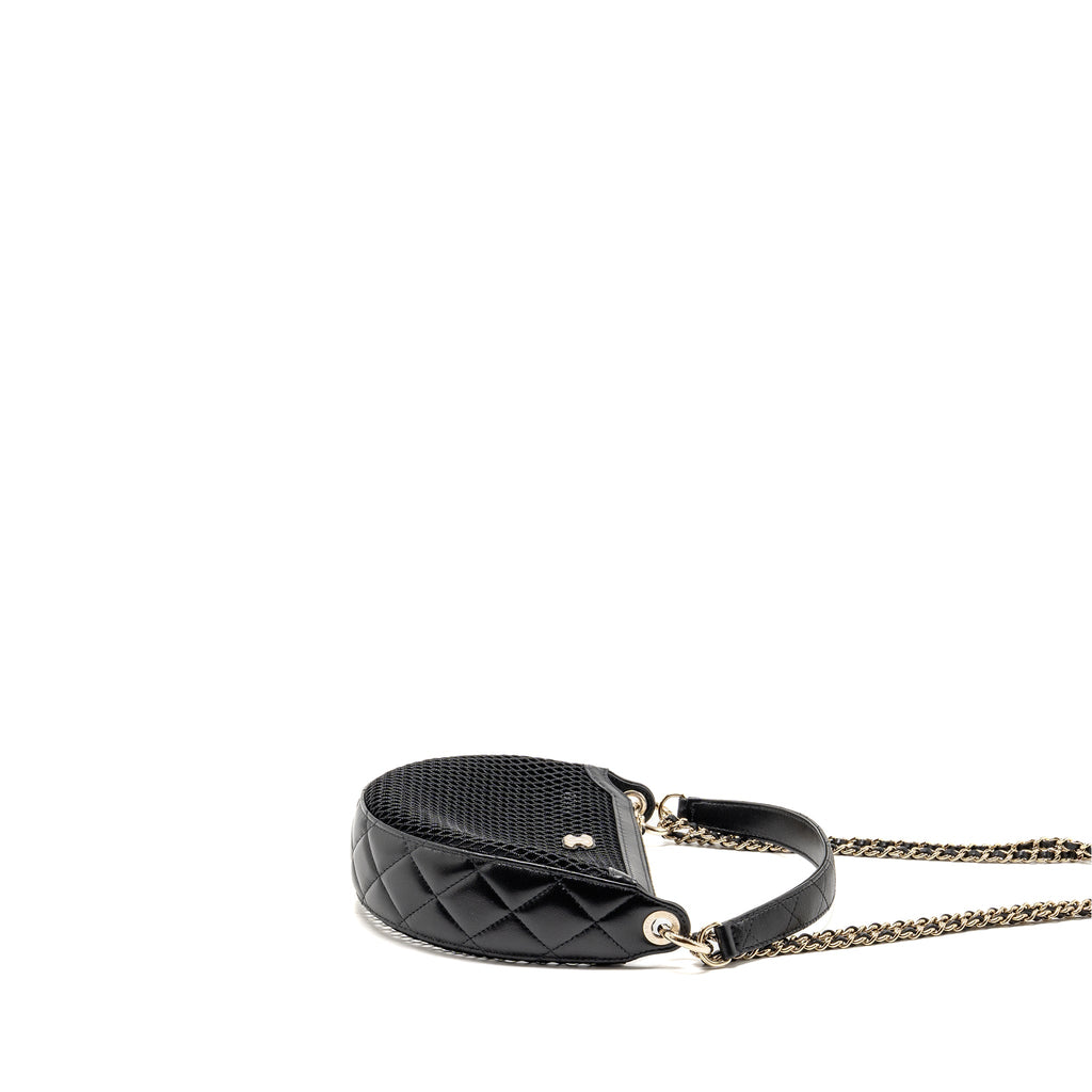 CHANEL 25S HALF MOON CLUTCH WITH CHAIN MESH/LAMBSKIN BLACK LGHW (MICROCHIP)