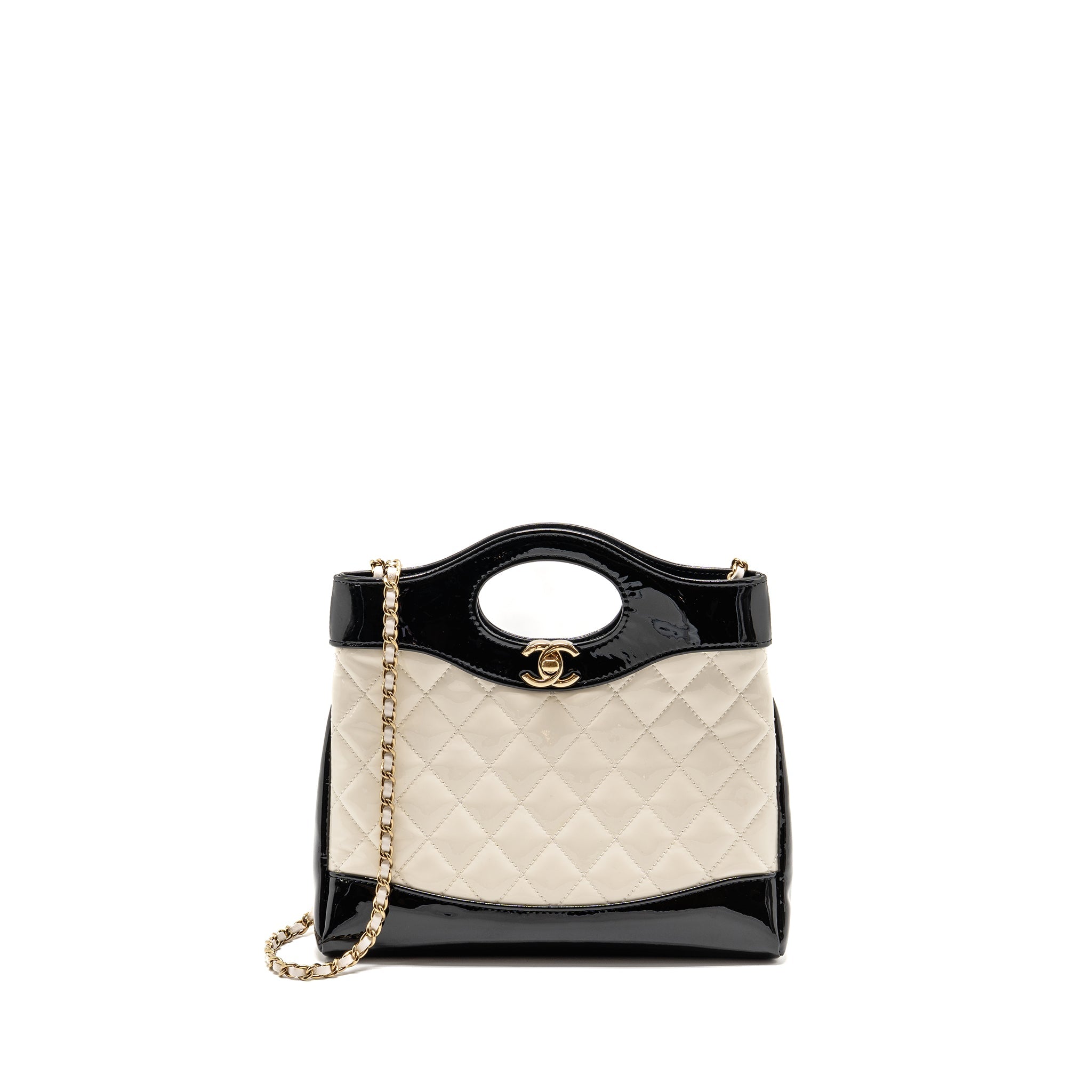 CHANEL MINI 31 BAG PATENT BLACK / WHITE LGHW (MICROCHIP)