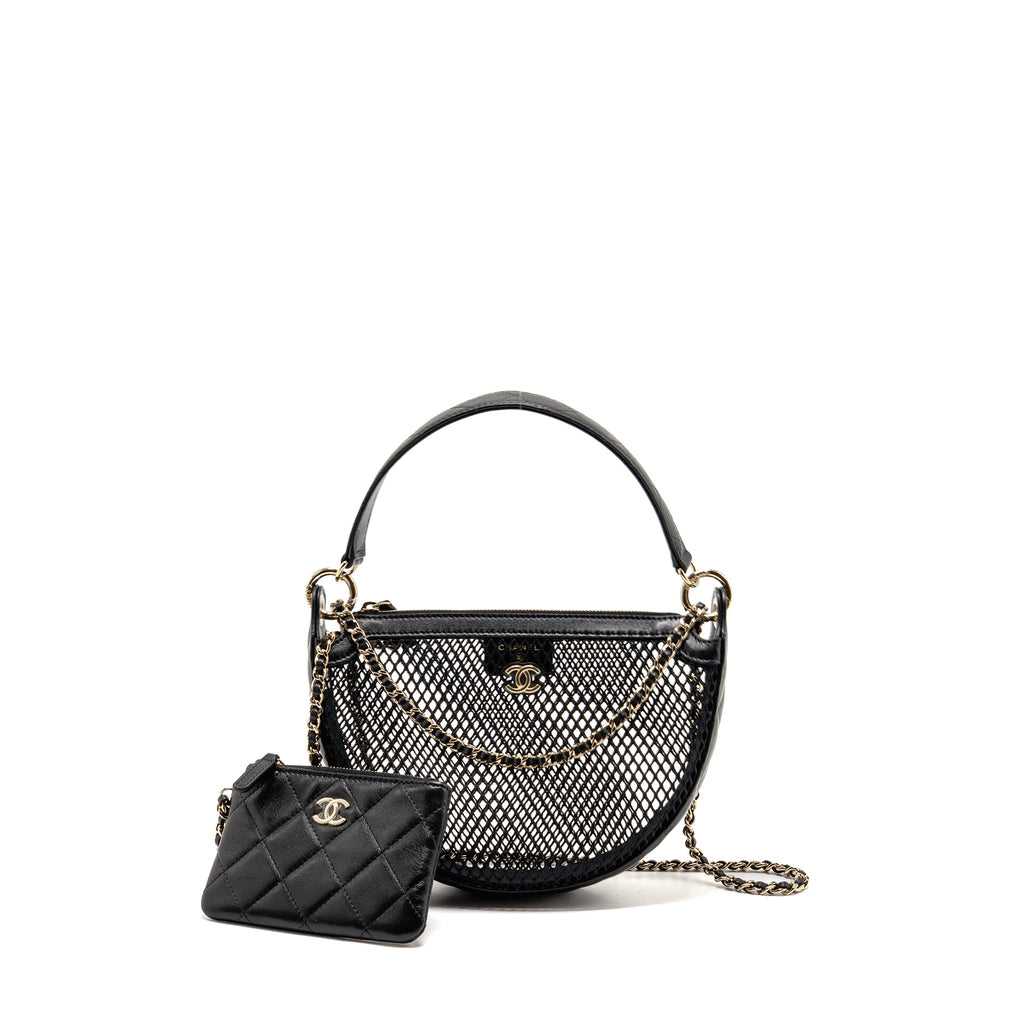 CHANEL 25S HALF MOON CLUTCH WITH CHAIN MESH/LAMBSKIN BLACK LGHW (MICROCHIP)