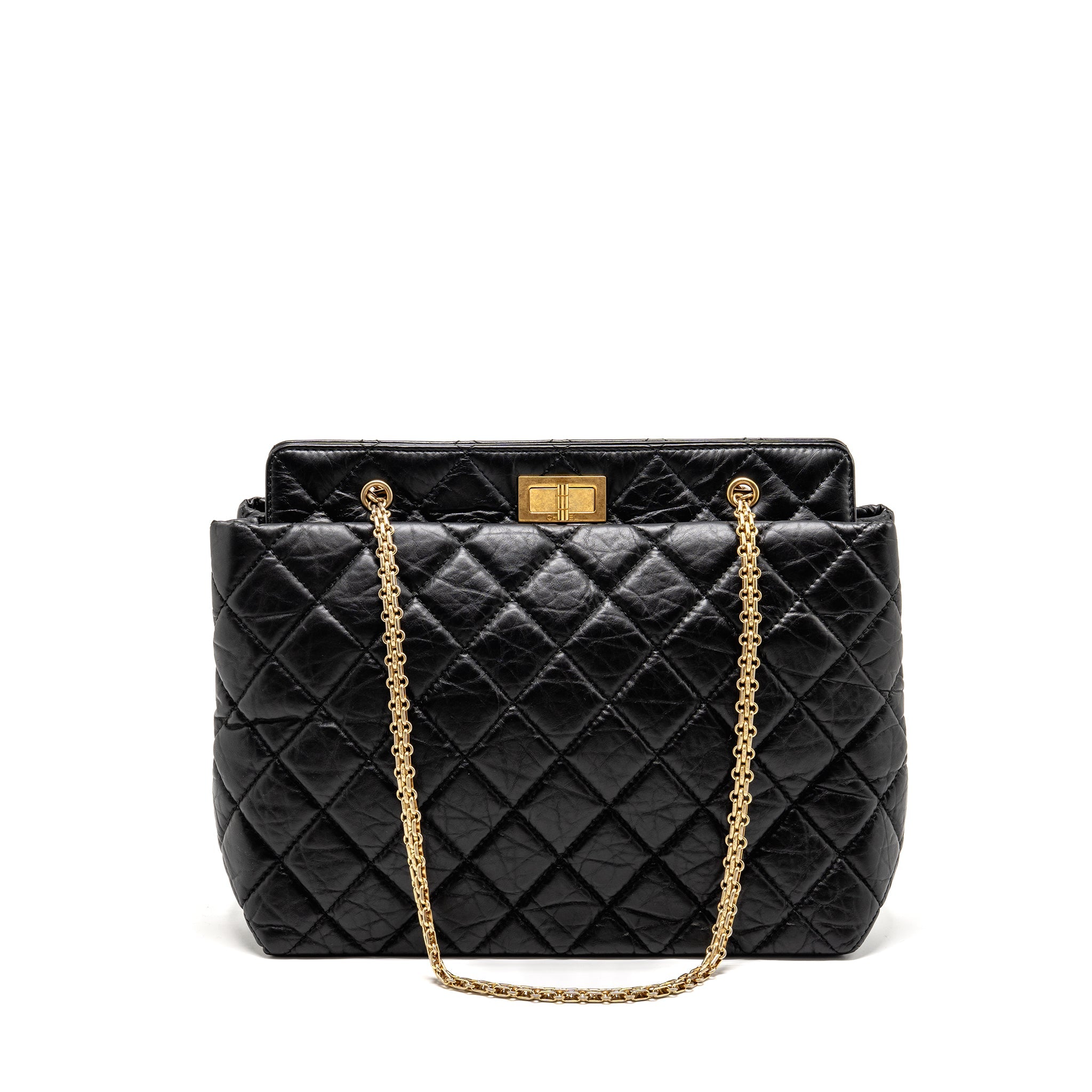 CHANEL 2.55 REISSUE TOTE BAG QUILTED AGED CALFSKIN BLACK GHW