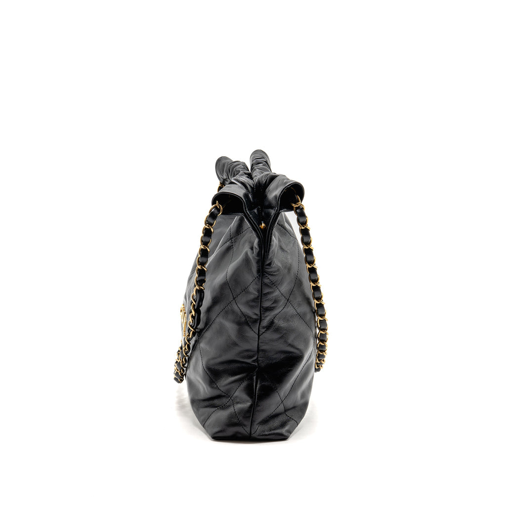 CHANEL SMALL 22 BAG SHINY CALFSKIN BLACK GHW (MICROCHIP)