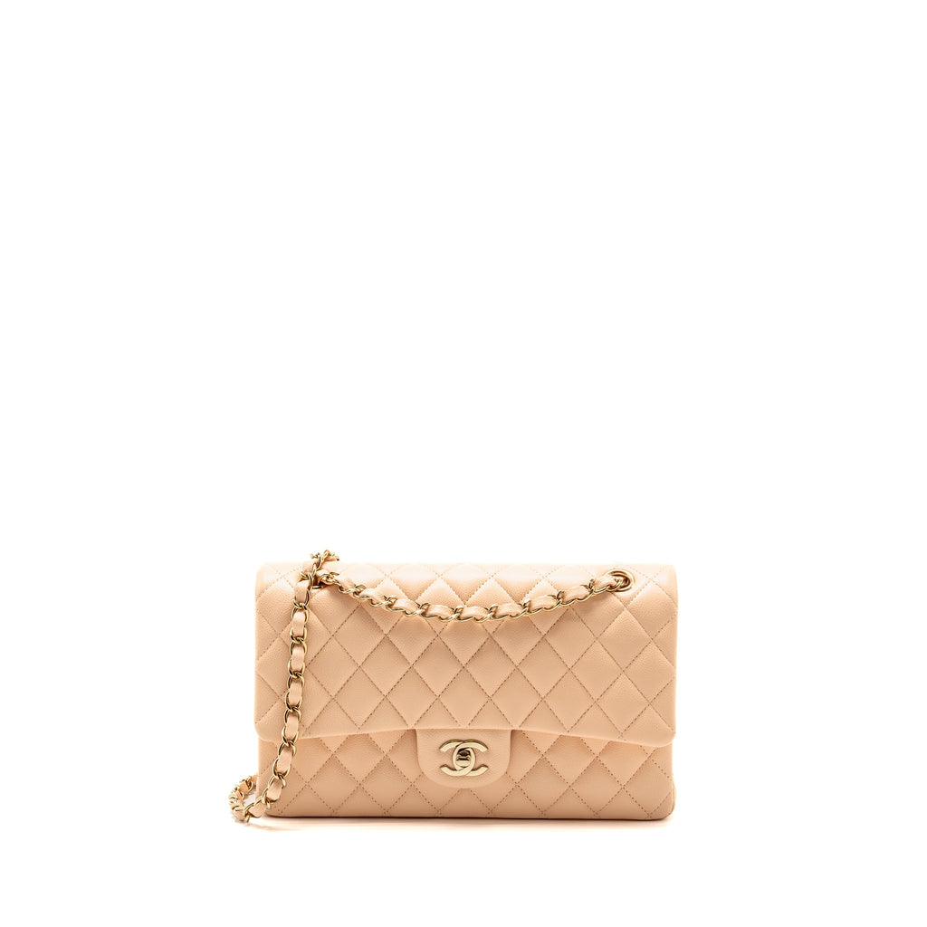 CHANEL MEDIUM CLASSIC DOUBLE FLAP BAG CAVIAR LIGHT BEIGE LGHW (MICROCHIP)