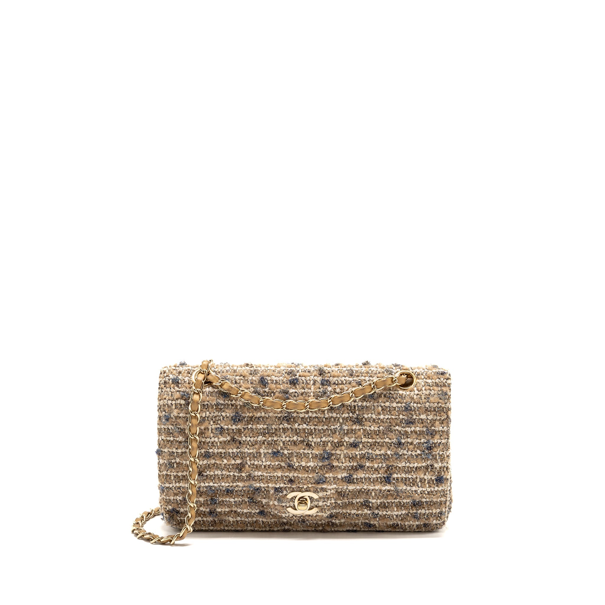 CHANEL MEDIUM CLASSIC DOUBLE FLAP BAG TWEED BEIGE/ECRU/GREY LGHW