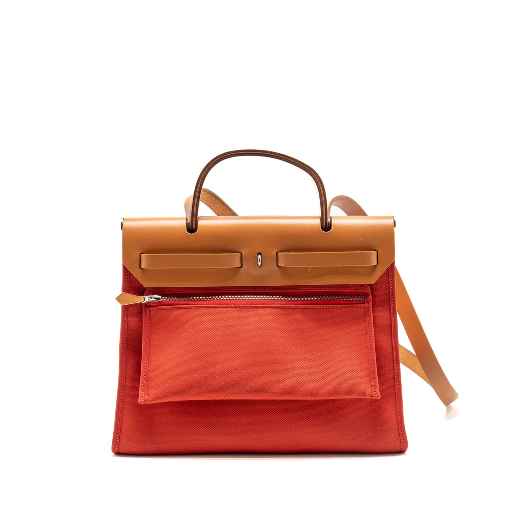 HERMES HERBAG 31 ZIP BAG CANVAS/ HUNTER LEATHER ROUGH TOMATE SHW