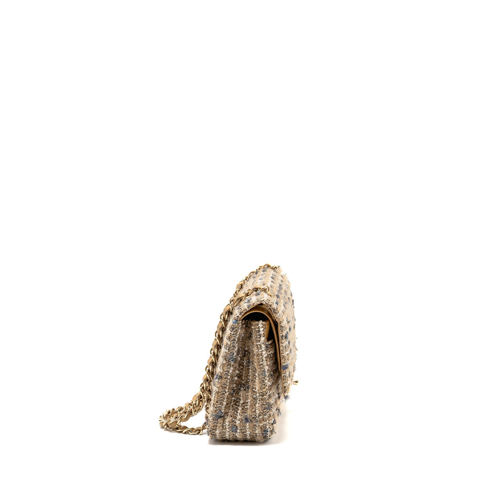 CHANEL MEDIUM CLASSIC DOUBLE FLAP BAG TWEED BEIGE/ECRU/GREY LGHW