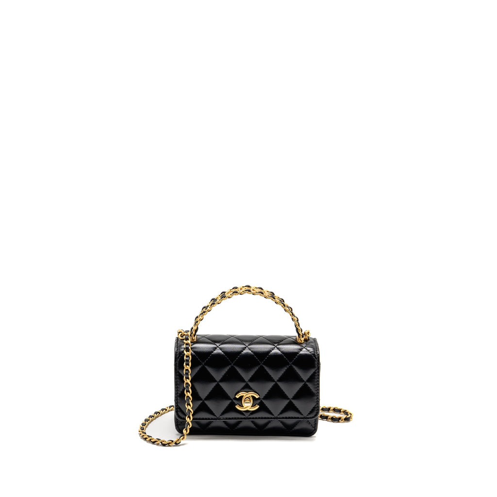 CHANEL TOP HANDLE MINI WALLET ON CHAIN CALFSKIN BLACK GHW(MICROCHIP)