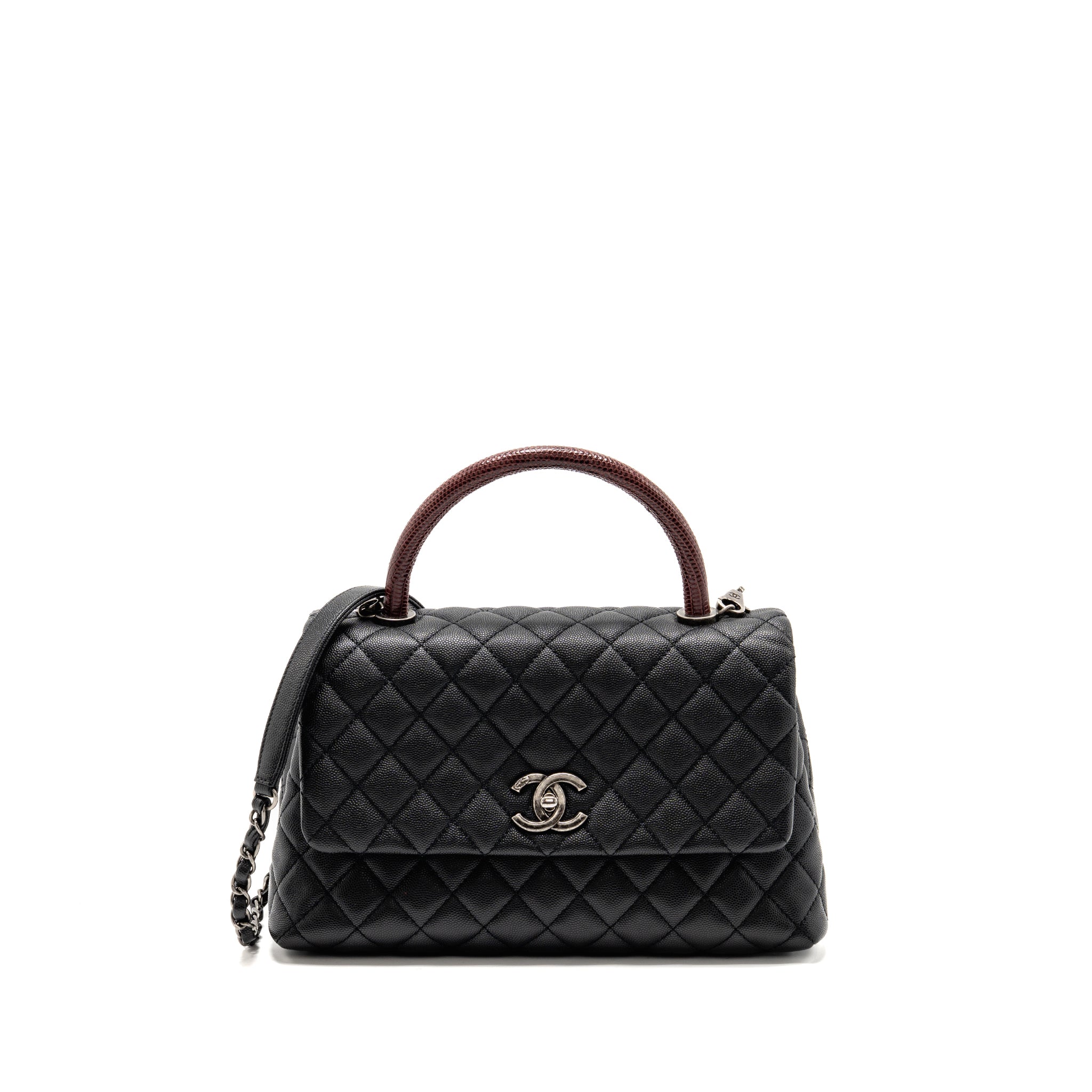 CHANEL MEDIUM COCO HANDLE CAVIAR/LIZARD HANDLE BLACK/BURGUNDY RUTHENIUM HARDWARE