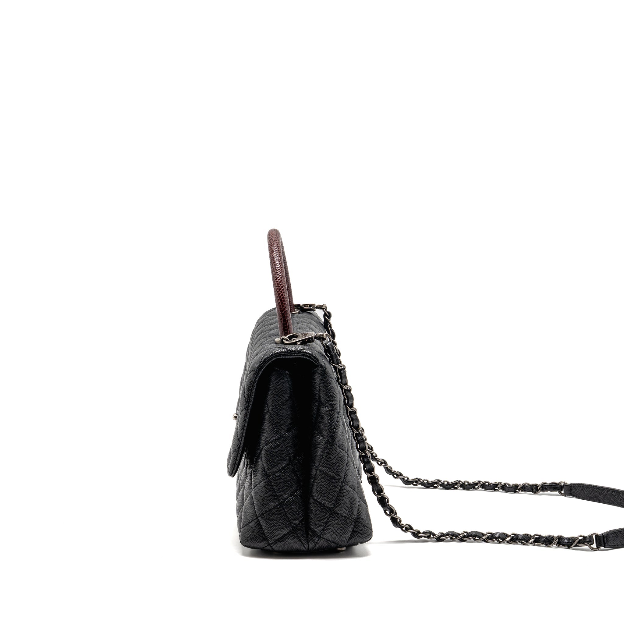CHANEL MEDIUM COCO HANDLE CAVIAR/LIZARD HANDLE BLACK/BURGUNDY RUTHENIUM HARDWARE