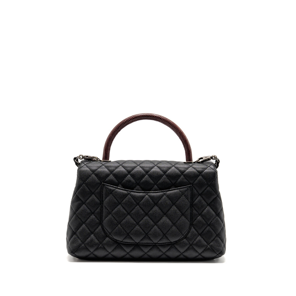 CHANEL MEDIUM COCO HANDLE CAVIAR/LIZARD HANDLE BLACK/BURGUNDY RUTHENIUM HARDWARE