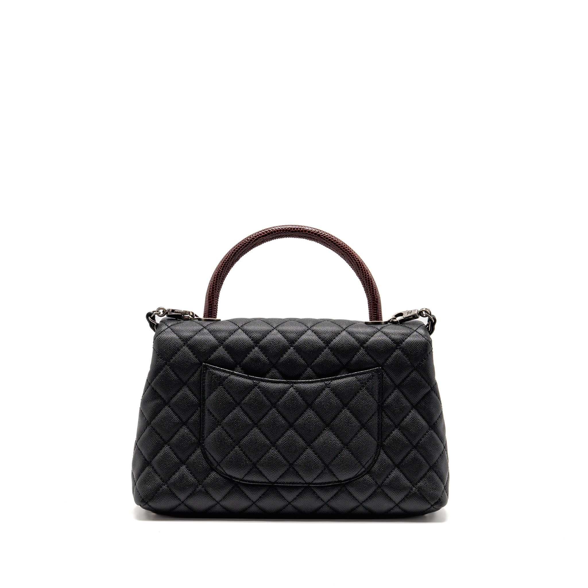 CHANEL MEDIUM COCO HANDLE CAVIAR/LIZARD HANDLE BLACK/BURGUNDY RUTHENIUM HARDWARE
