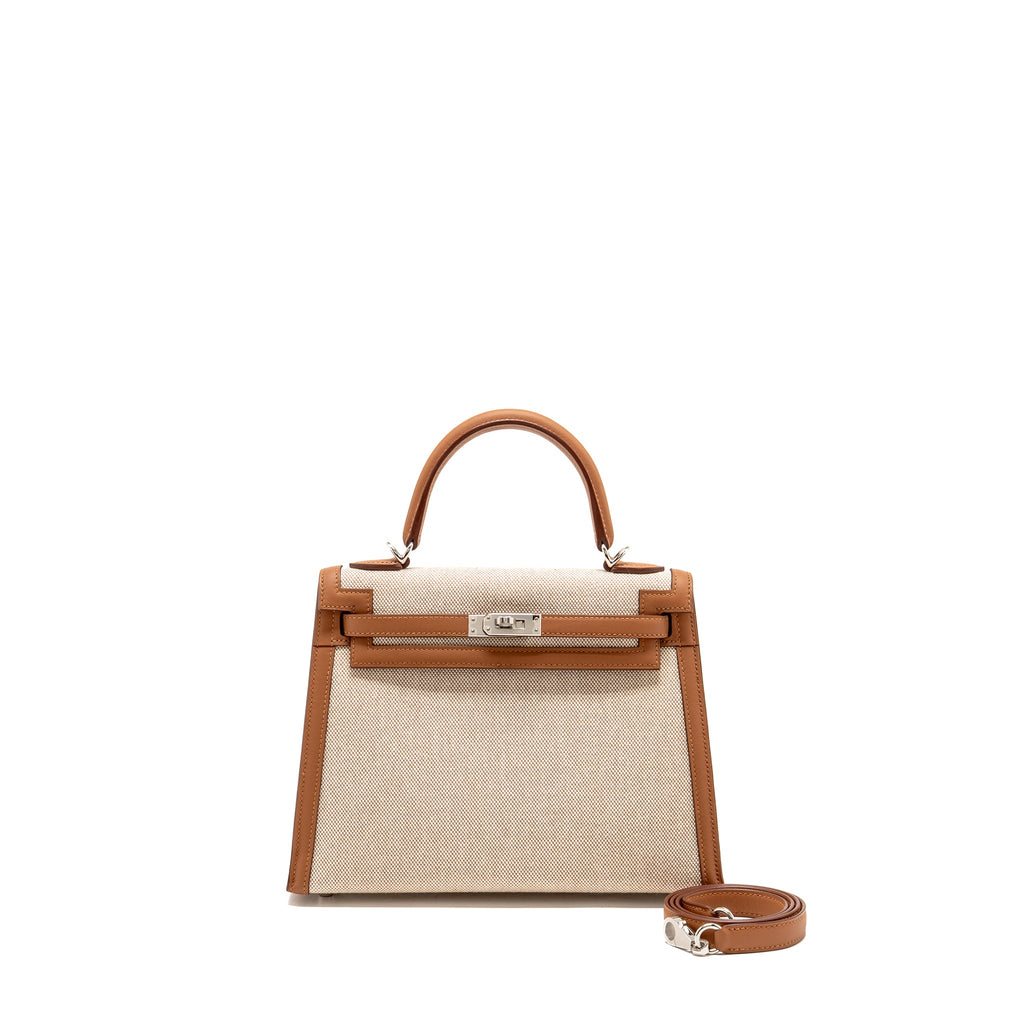 HERMES KELLY 25 TOILE H/SWIFT ECRU-BEIGE/GOLD SHW
