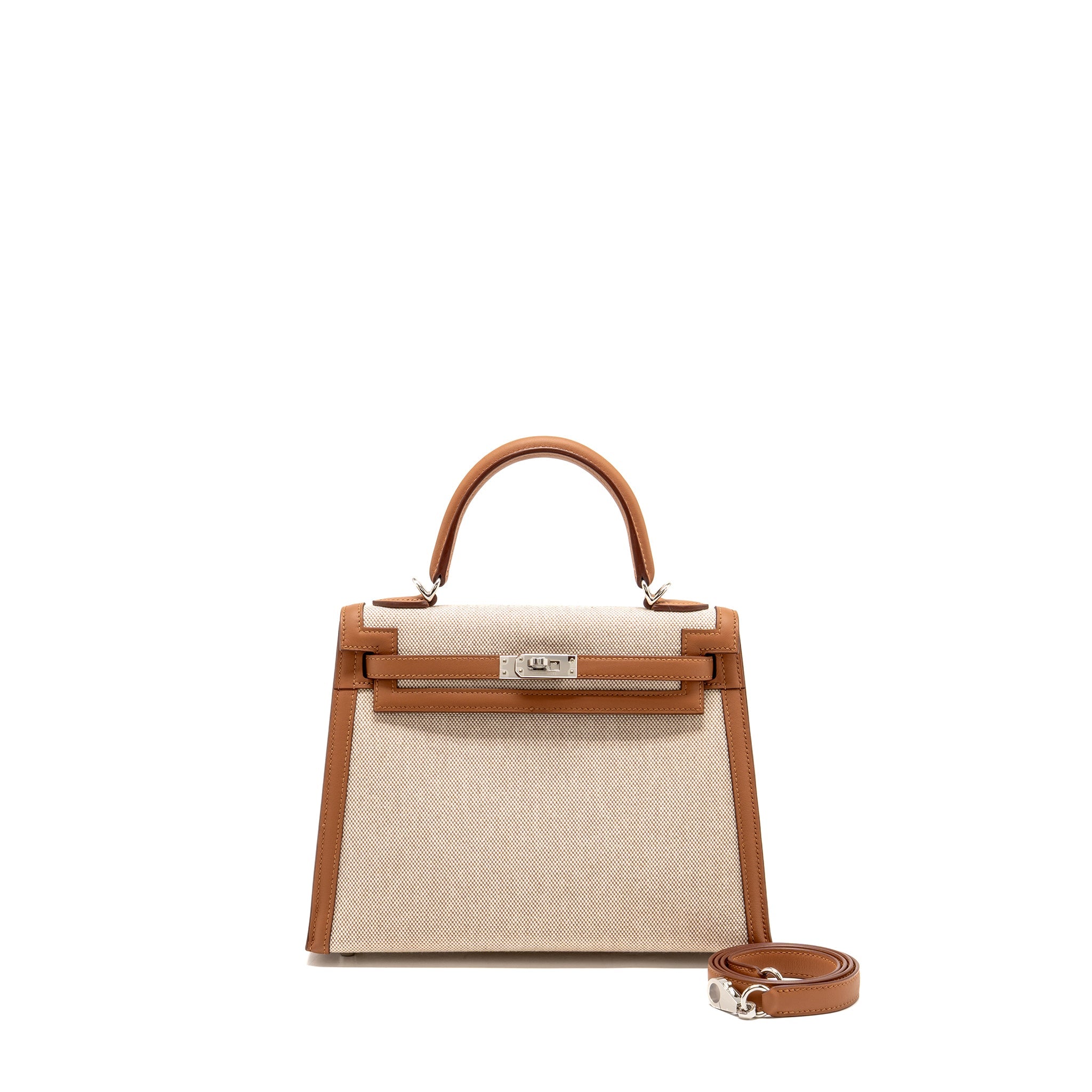 HERMES KELLY 25 TOILE H/SWIFT ECRU-BEIGE/GOLD SHW